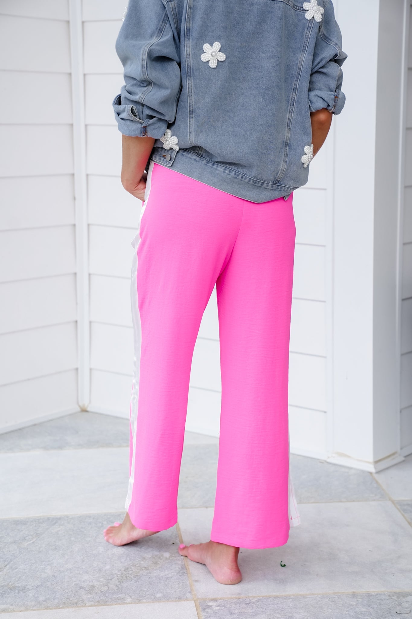 Pink Elastic Waist Pants with Side Stripe Detail