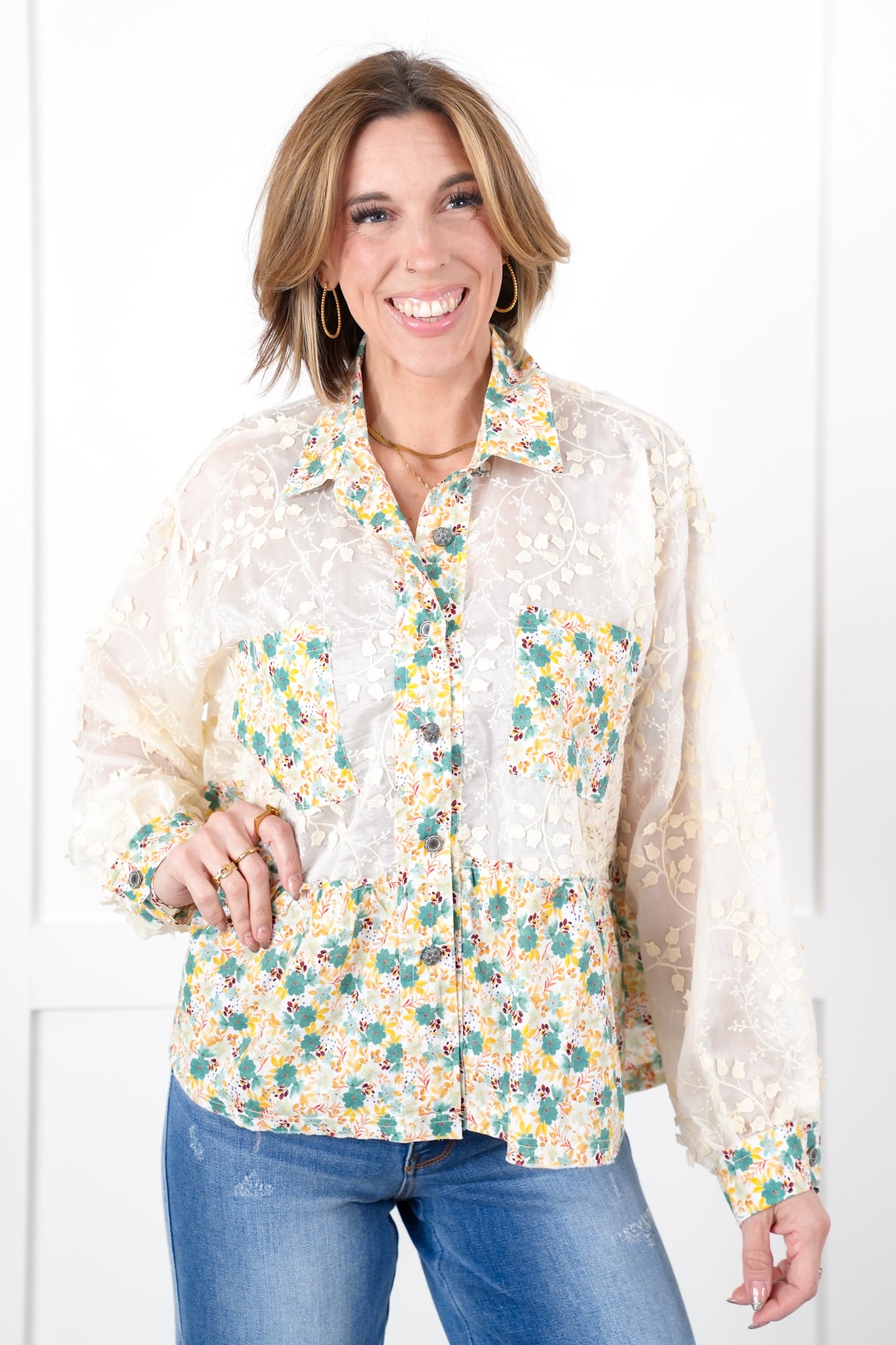POL Sheer Lace Long Sleeve Button Down Top with Floral Detail