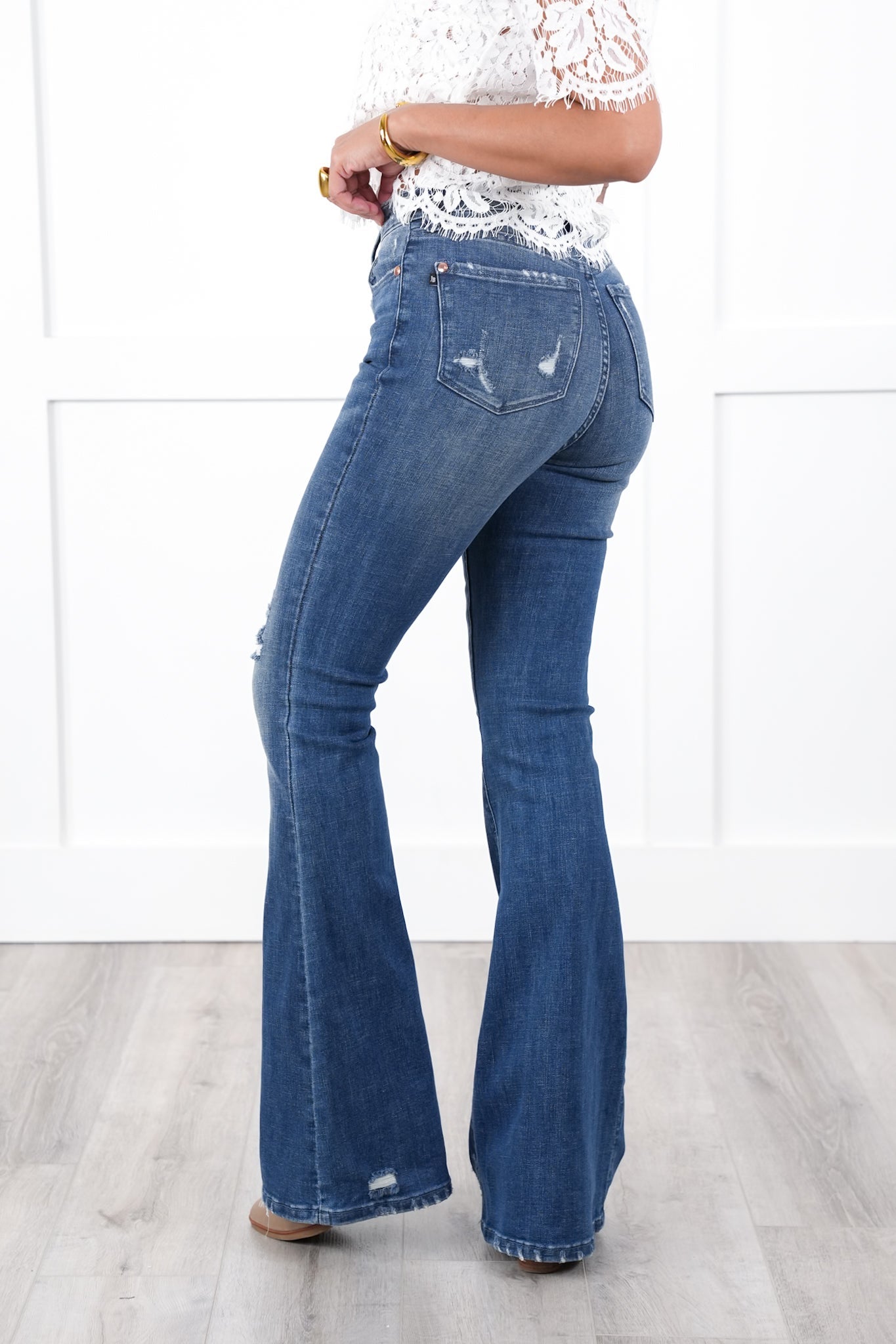 Judy Blue High Rise Dark Wash with Contrast Distressed Flare Jeans