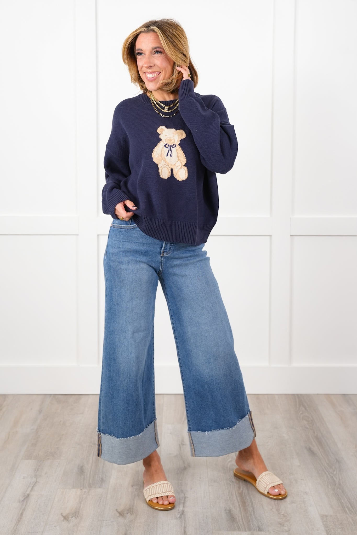 Long Sleeve Crew Neck Sweater with Teddy Bear Detail
