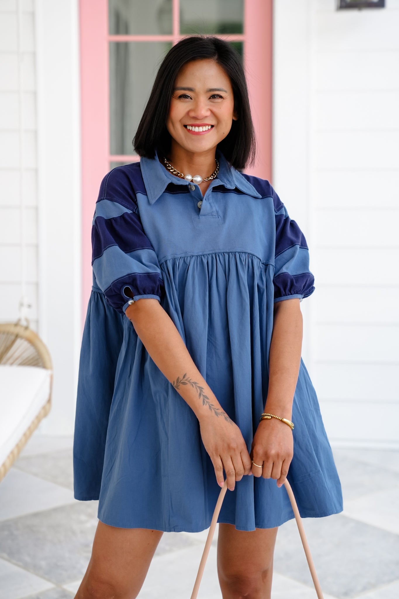 Color Block Sleeveless Button Up Rugby Mini Dress