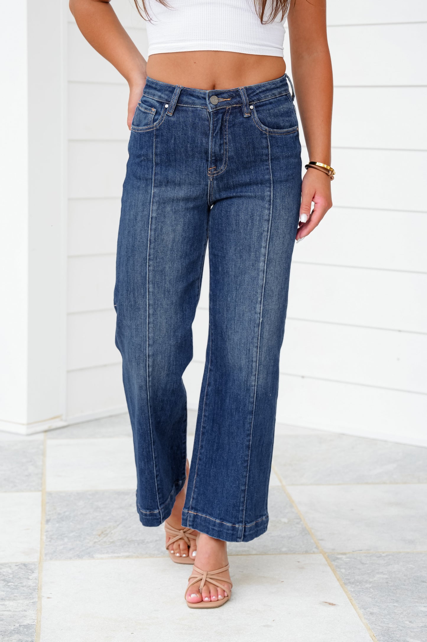Risen High Rise Dark Wash Cropped Wide Leg Jeans
