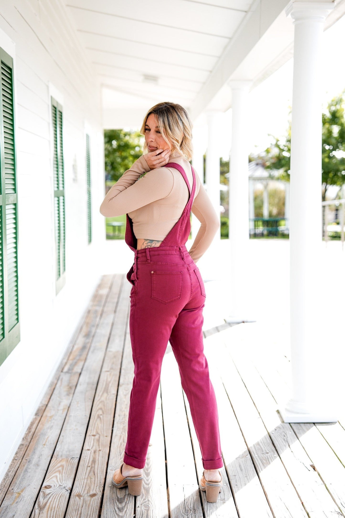 Judy Blue High Rise Maroon Garment Dyed Double Cuffed Boyfriend Overalls