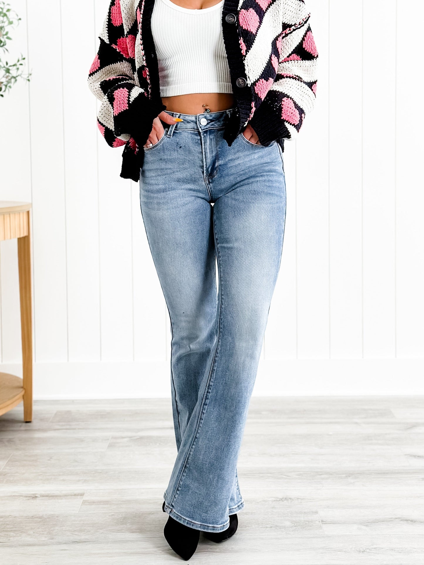 Freckled Poppy X Risen Wildest Dreams Mid Rise Medium Wash Basic Non Distressed Flare Jeans