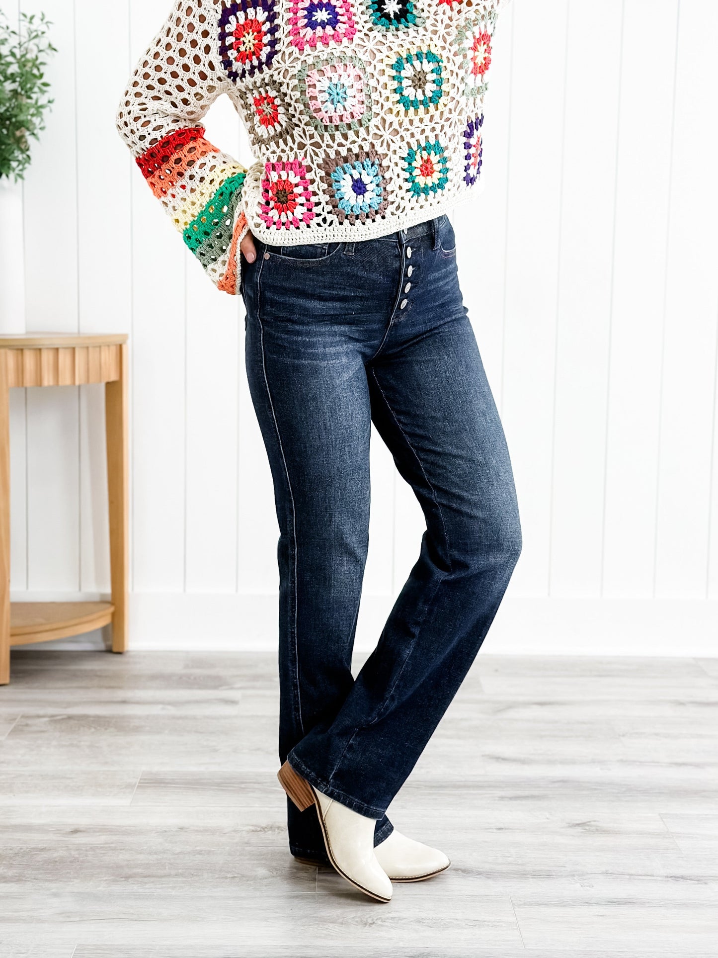 Judy Blue Work Can Wait High Rise Dark Wash Button Fly Straight Leg Jeans