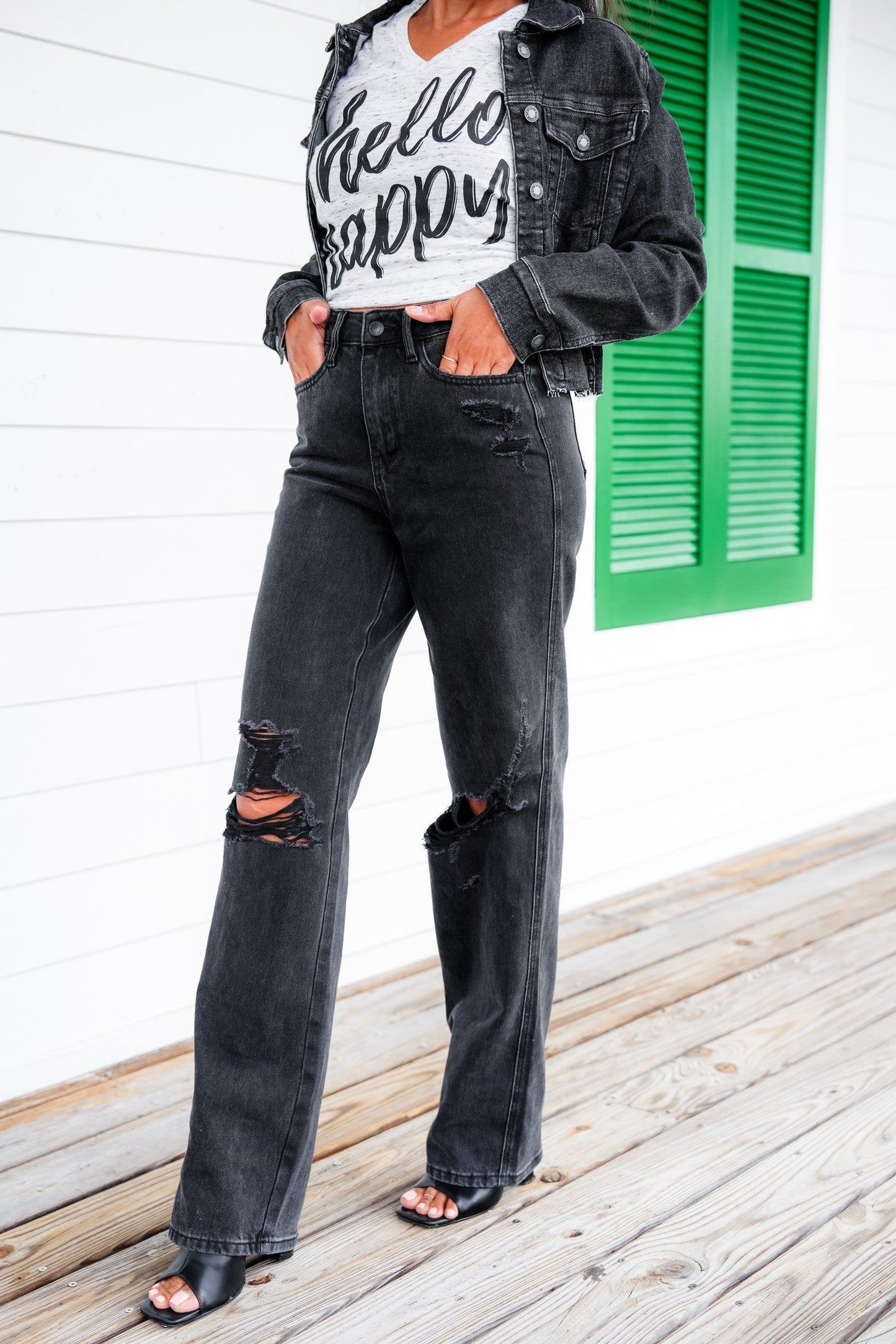 Judy Blue Straight Obsessed High Rise Black Rigid Magic 90's Distressed Straight Leg Jeans