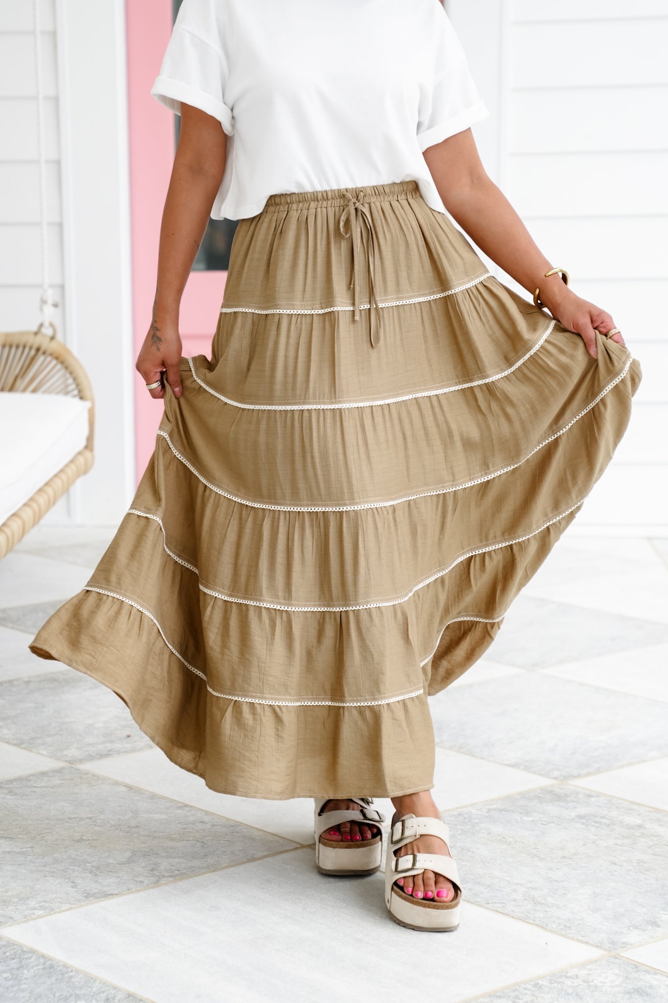 Elastic Waist Tiered Maxi Skirt with Crochet Trim Detail