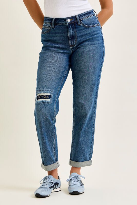 Judy Blue Mid Rise Medium Wash Boyfriend Jeans with Embroidered Repair Patch - Freckled Poppy