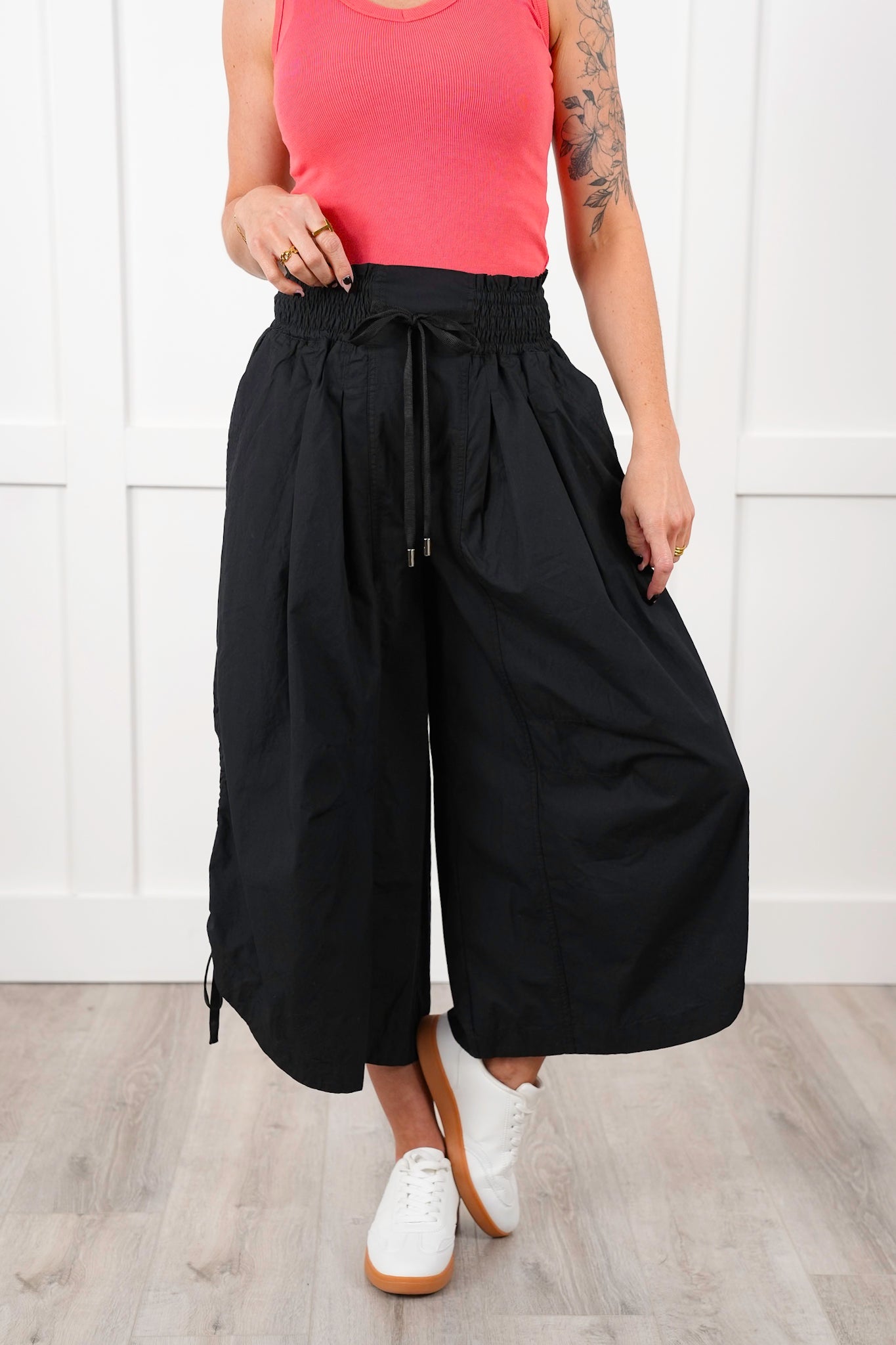 Plus/Reg Pleated Smocked Waist Wide Leg Pants