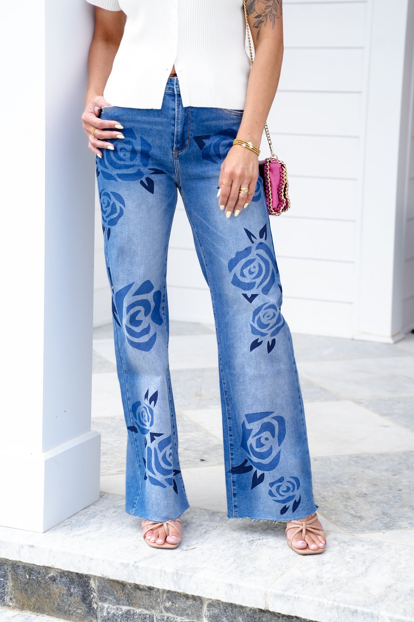 Medium Wash Denim Jeans with Rose Print Detail