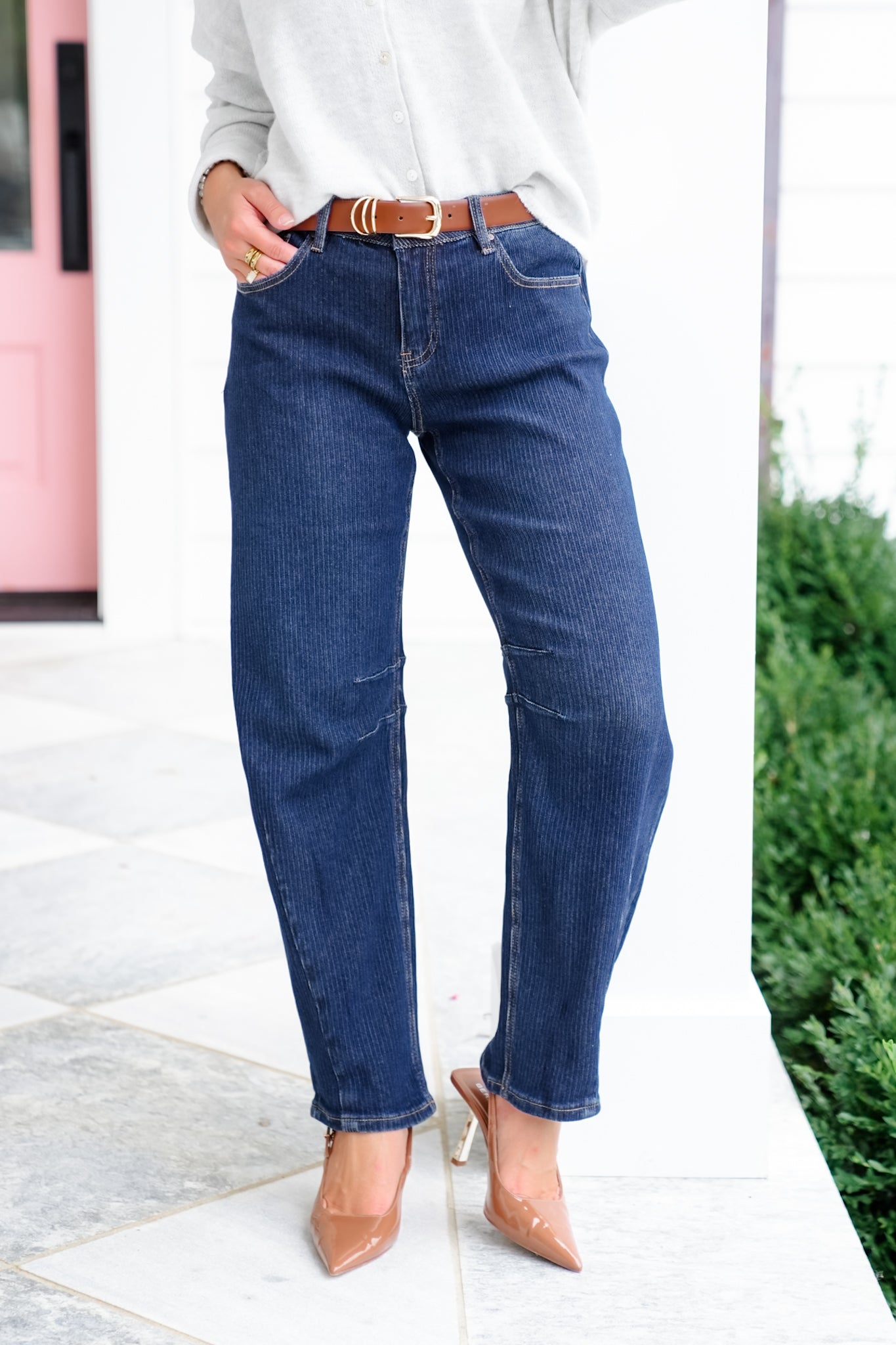 Risen High Rise Dark Wash Textured Barrel Jeans