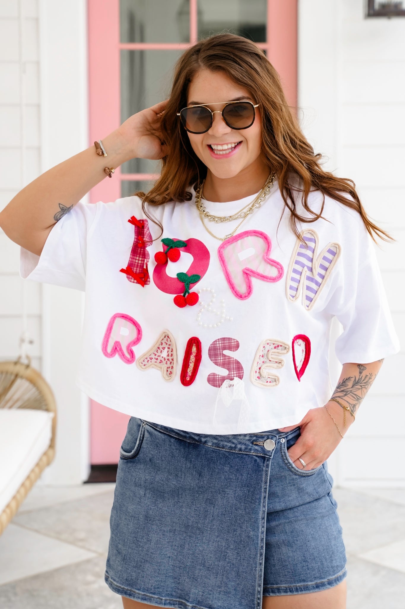 Short Sleeve "Born & Raised" Patchwork Crop Top