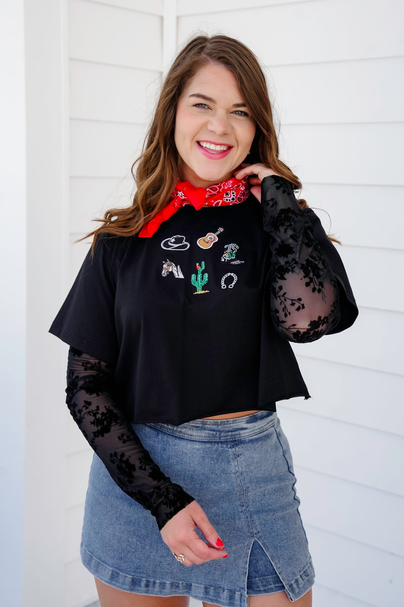 Long Burnout Sleeve Layered Crop Top with Embroidered Western Theme Detail