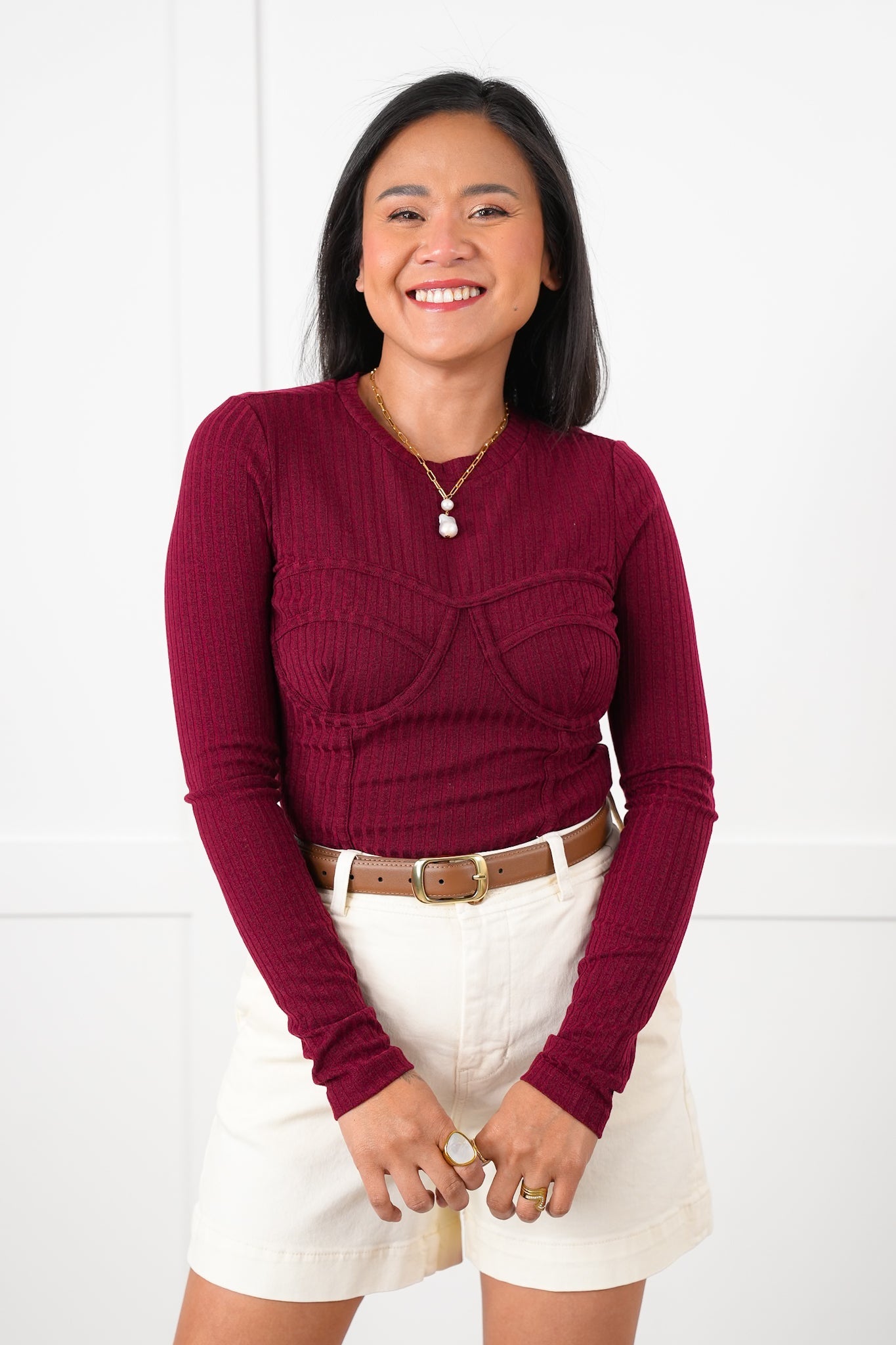 Ribbed Knit Long Sleeve Corset Top