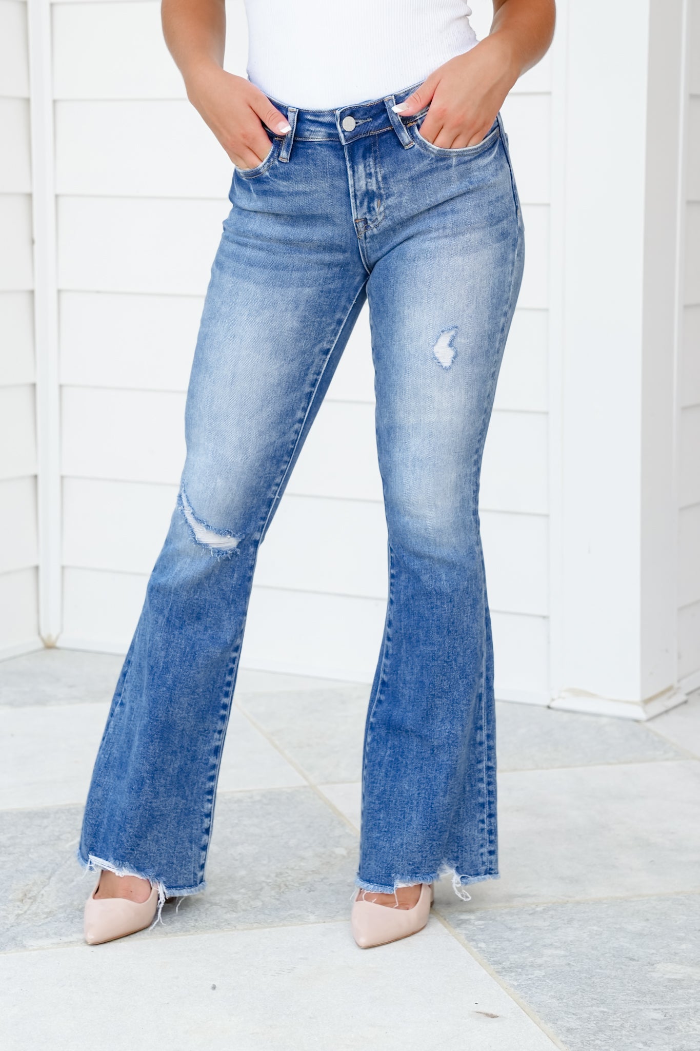 Bayeas Mid Rise Medium Wash Raw Hem Distressed Flare Jean