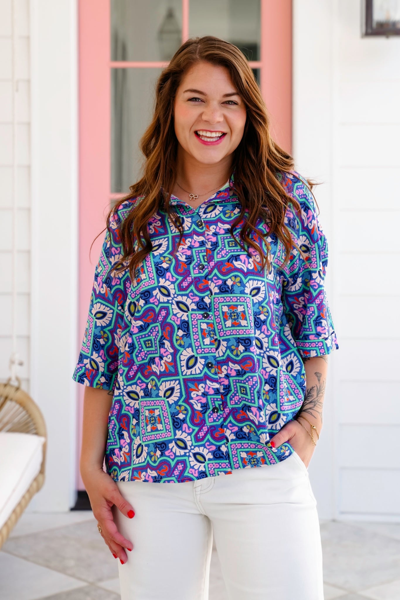 Abstract Floral 3/4 Dolman Sleeve Button Down Blouse