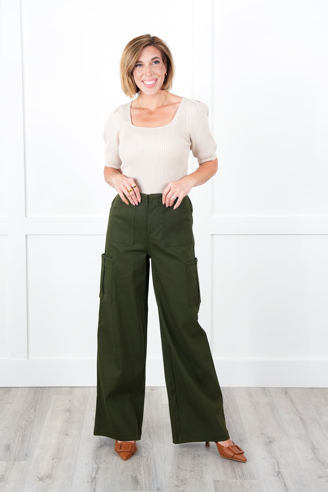 Solid High Waisted Cargo Pants with Pockets
