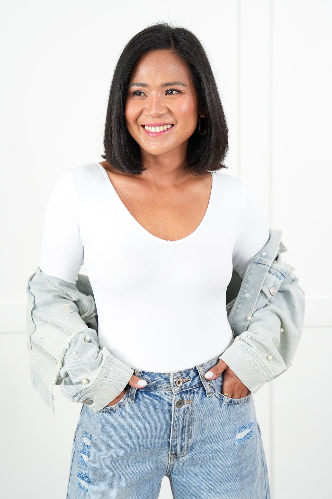 Door Buster! Plus/Reg Solid Reversible Long Sleeve V-Neck/Scoop-Neck Bodysuit