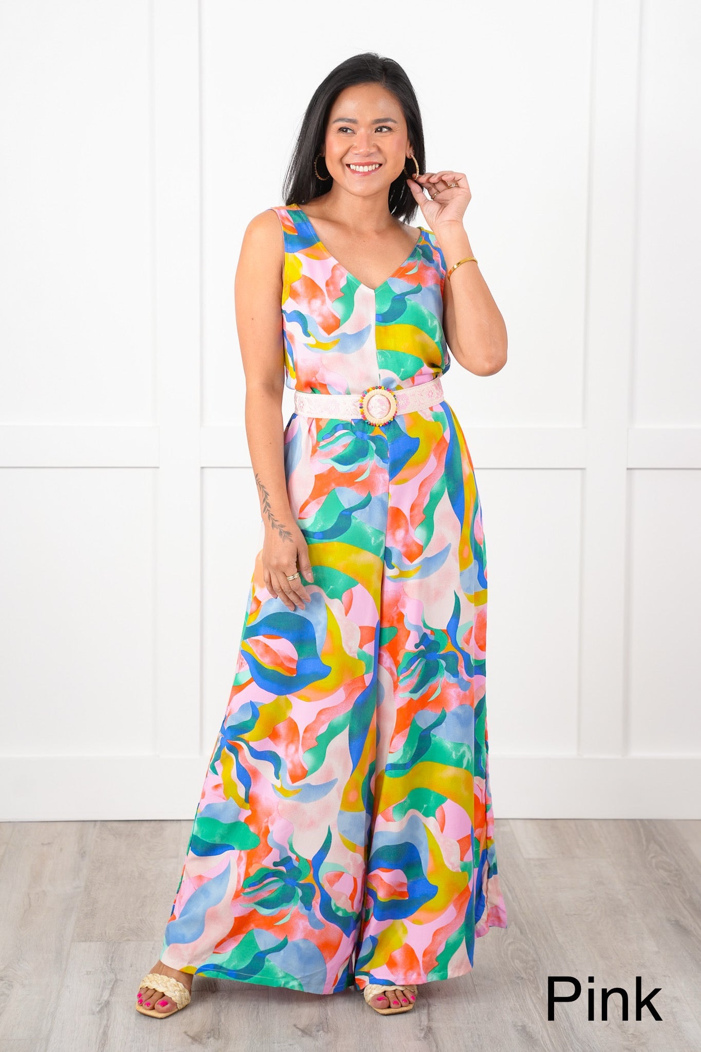 Abstract Print Sleeveless V Neck Wide Leg Jumpsuit