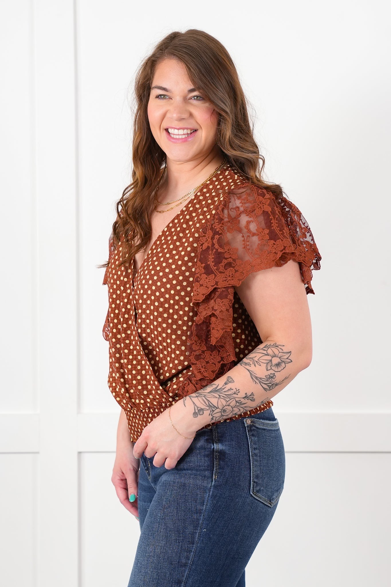 Polka Dot Short Ruffle Sleeve Wrap Top with Lace Detail