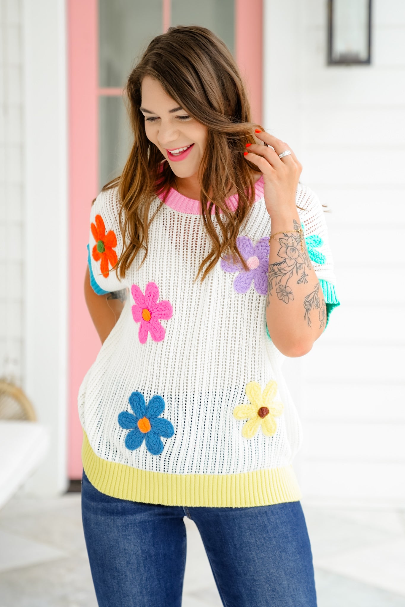 Loose Knit Short Sleeve Sweater with Crocheted Flower Detail