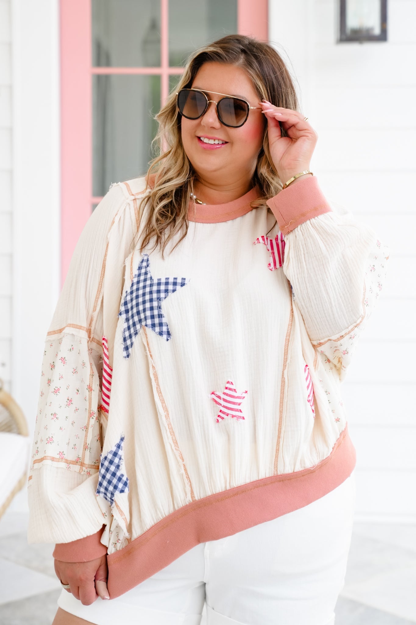 Long Dolman Sleeve Gauze Top with Star Patch Details