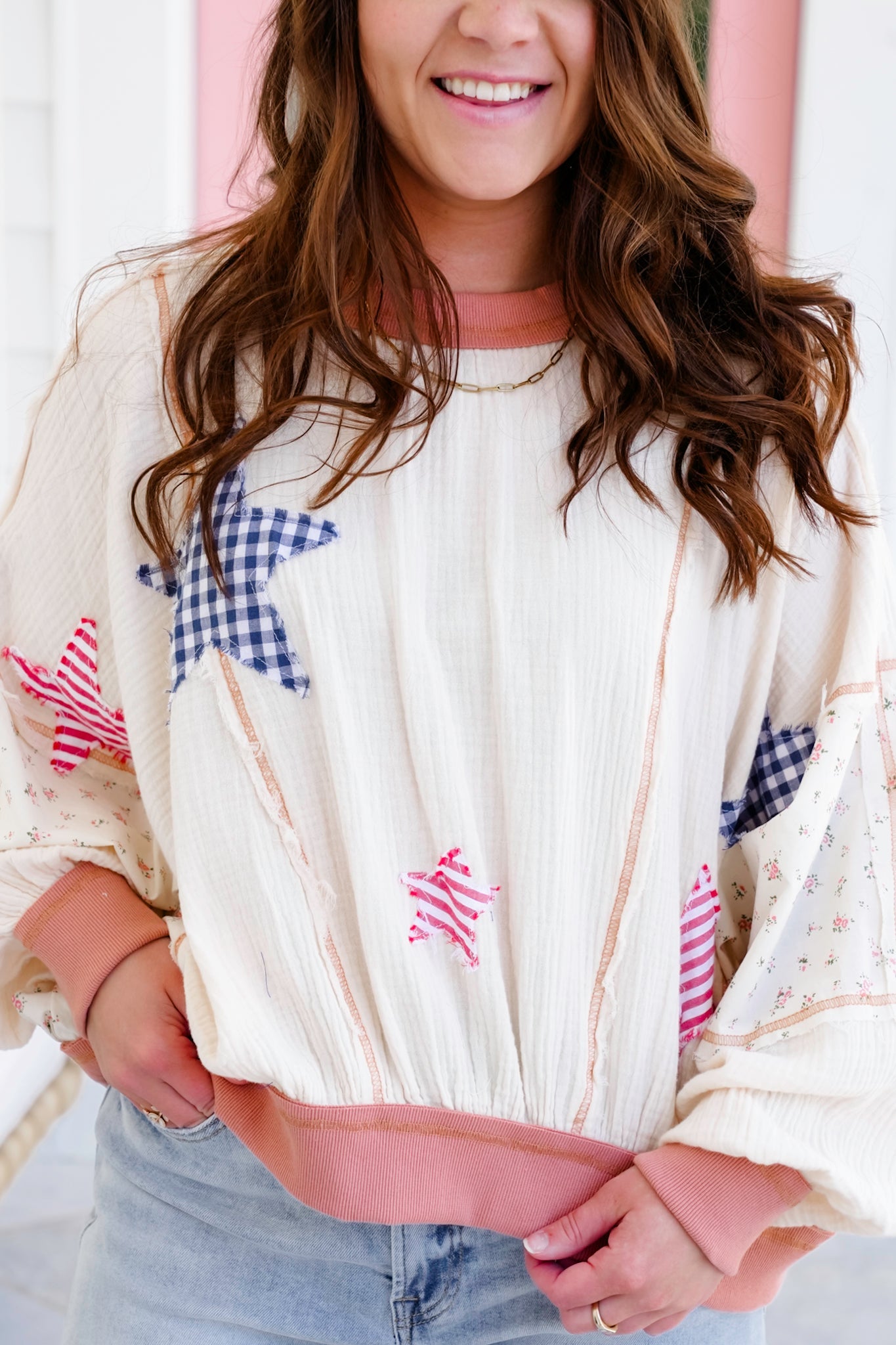 Long Dolman Sleeve Gauze Top with Star Patch Details