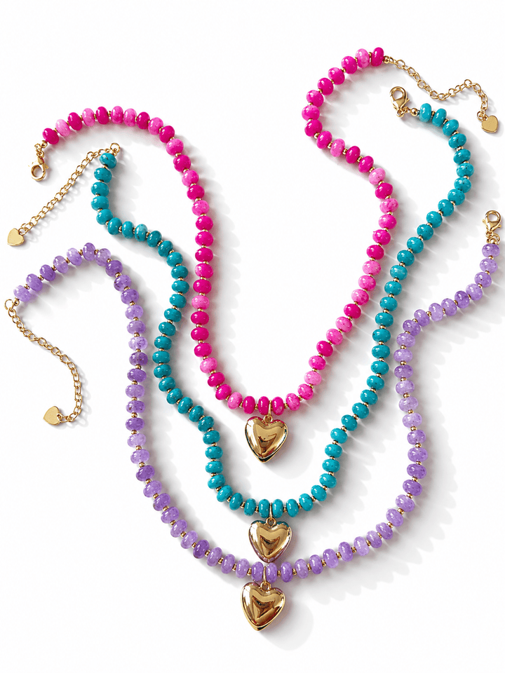 Vibrant Natural Stone Beaded Necklace with Heart Charm - Freckled Poppy