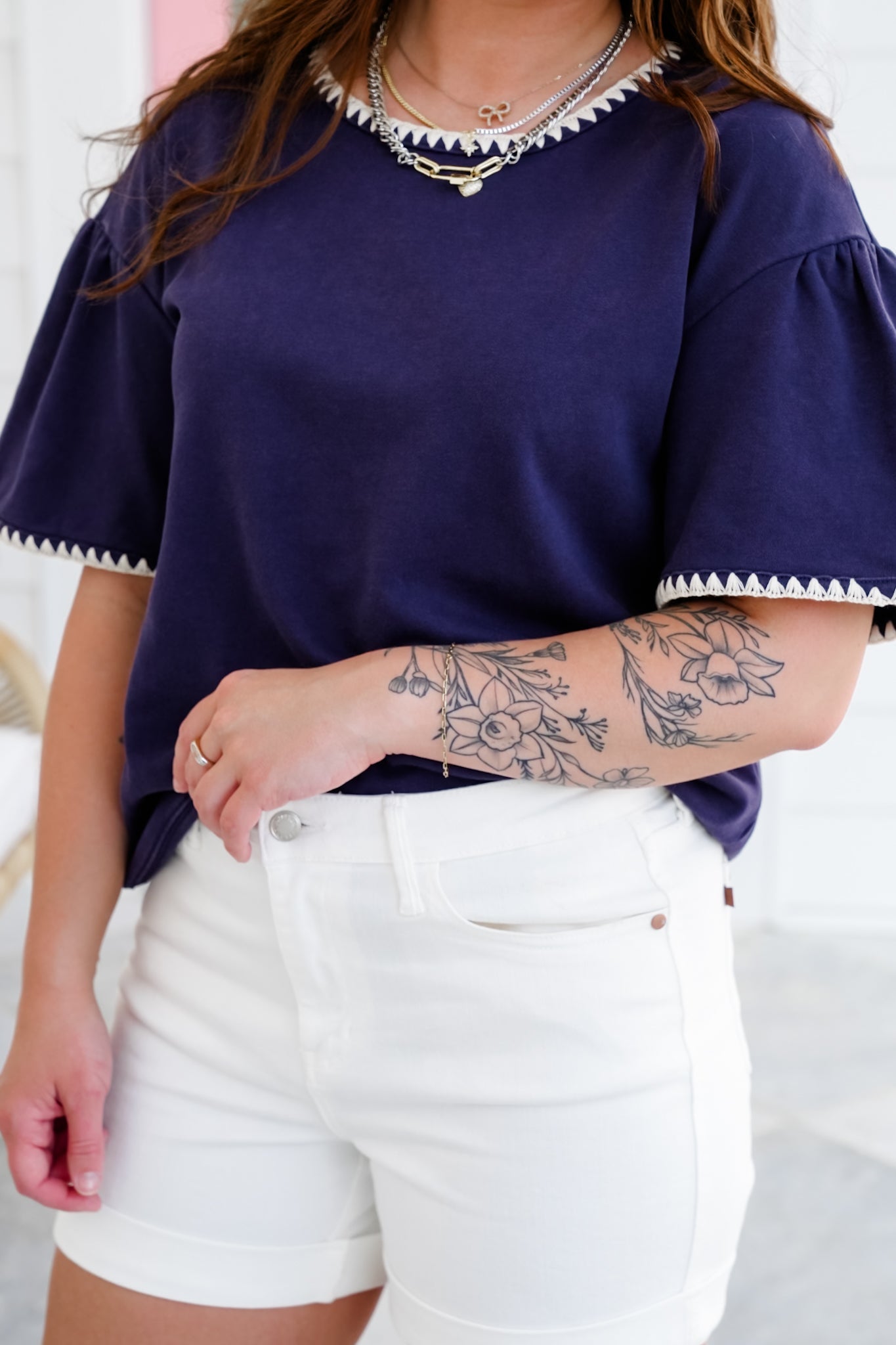 Navy Short Sleeve Top with Trim Detail