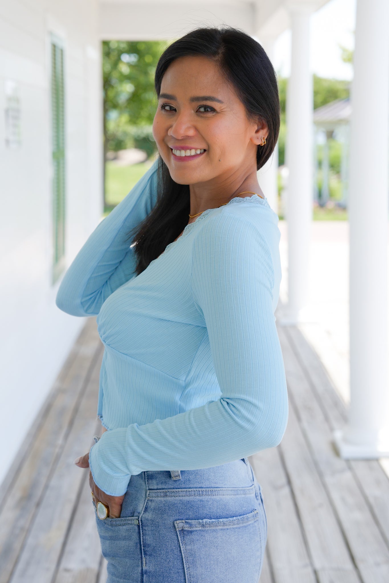 Ribbed Knit Long Sleeve Button Down Top With Lace Detail (Multiple Colors)