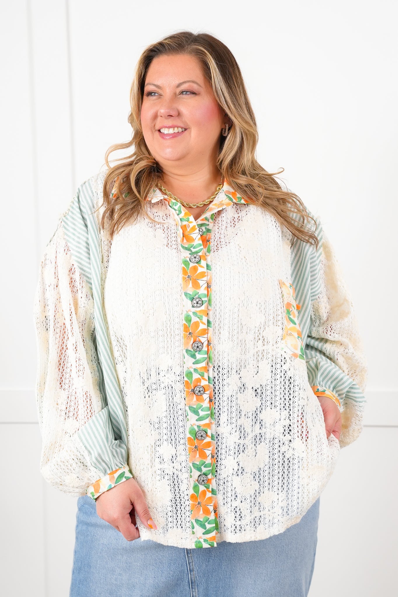 POL Stripe Long Sleeve Button Down Shacket with Floral and Lace Detail - New Colors!