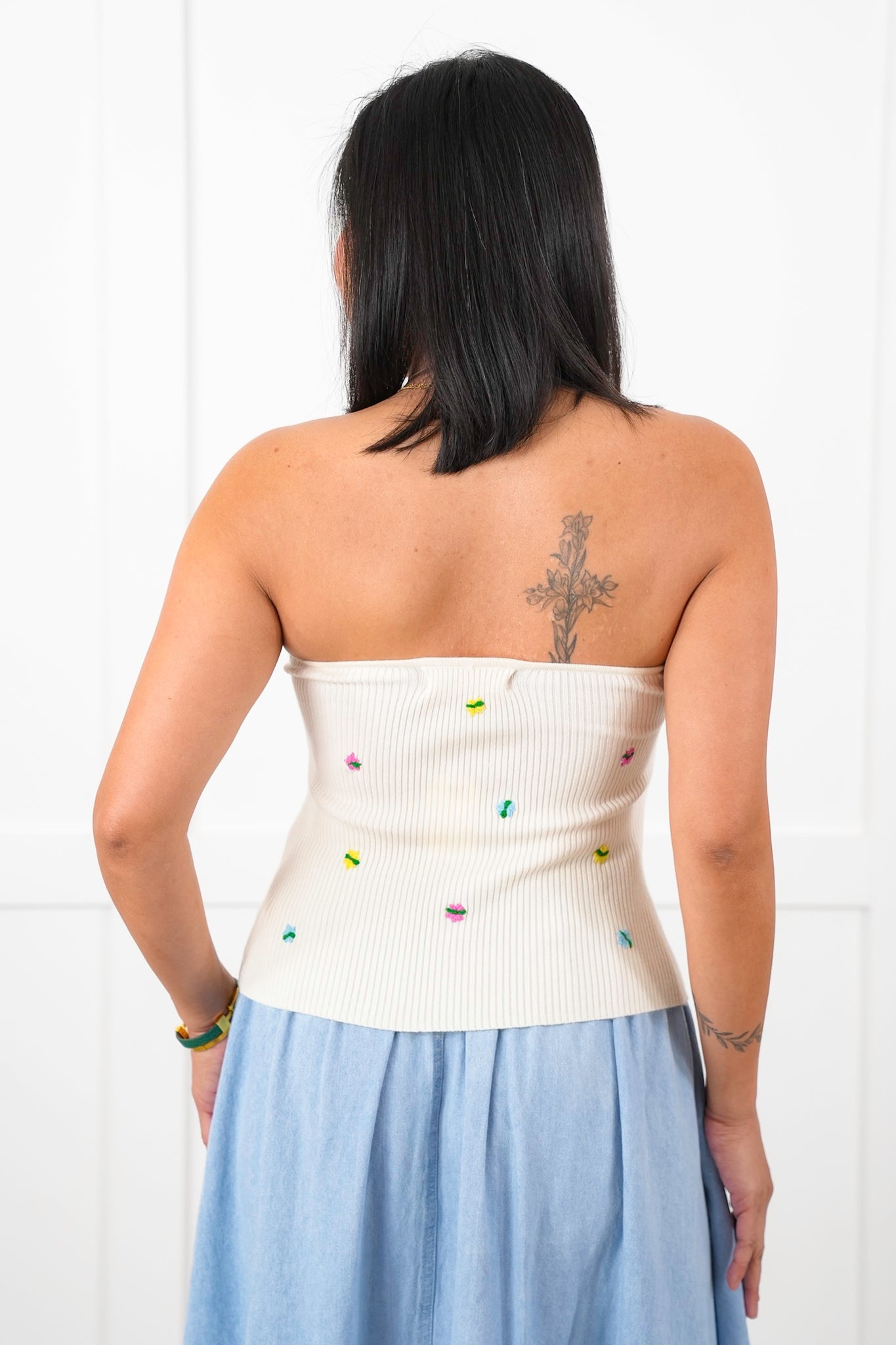 Strapless Ribbed Knit Top with Floral Embroidery Detail