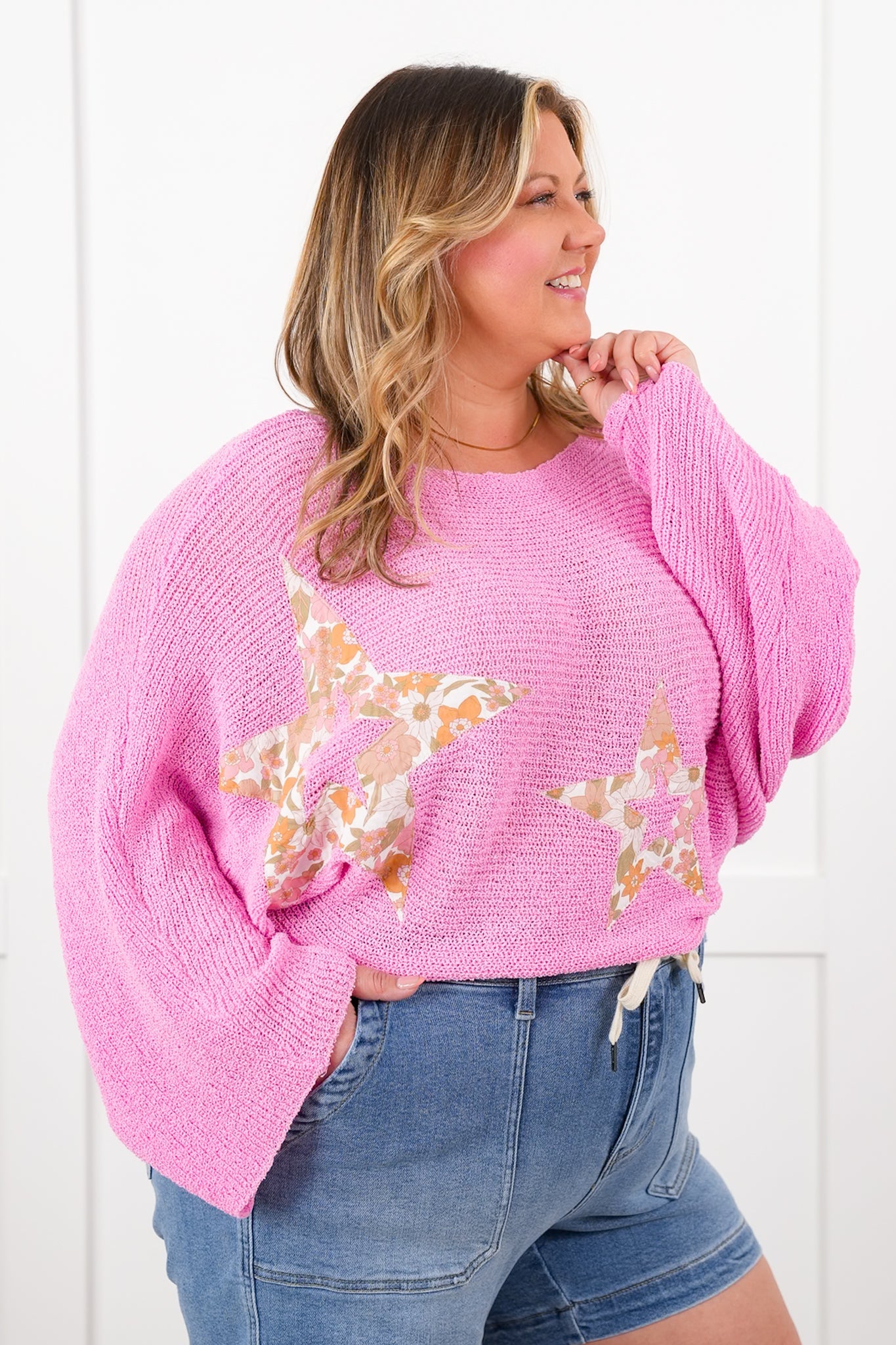POL Long Dolman Sleeve Cropped Sweater with Floral Star Patch Detail