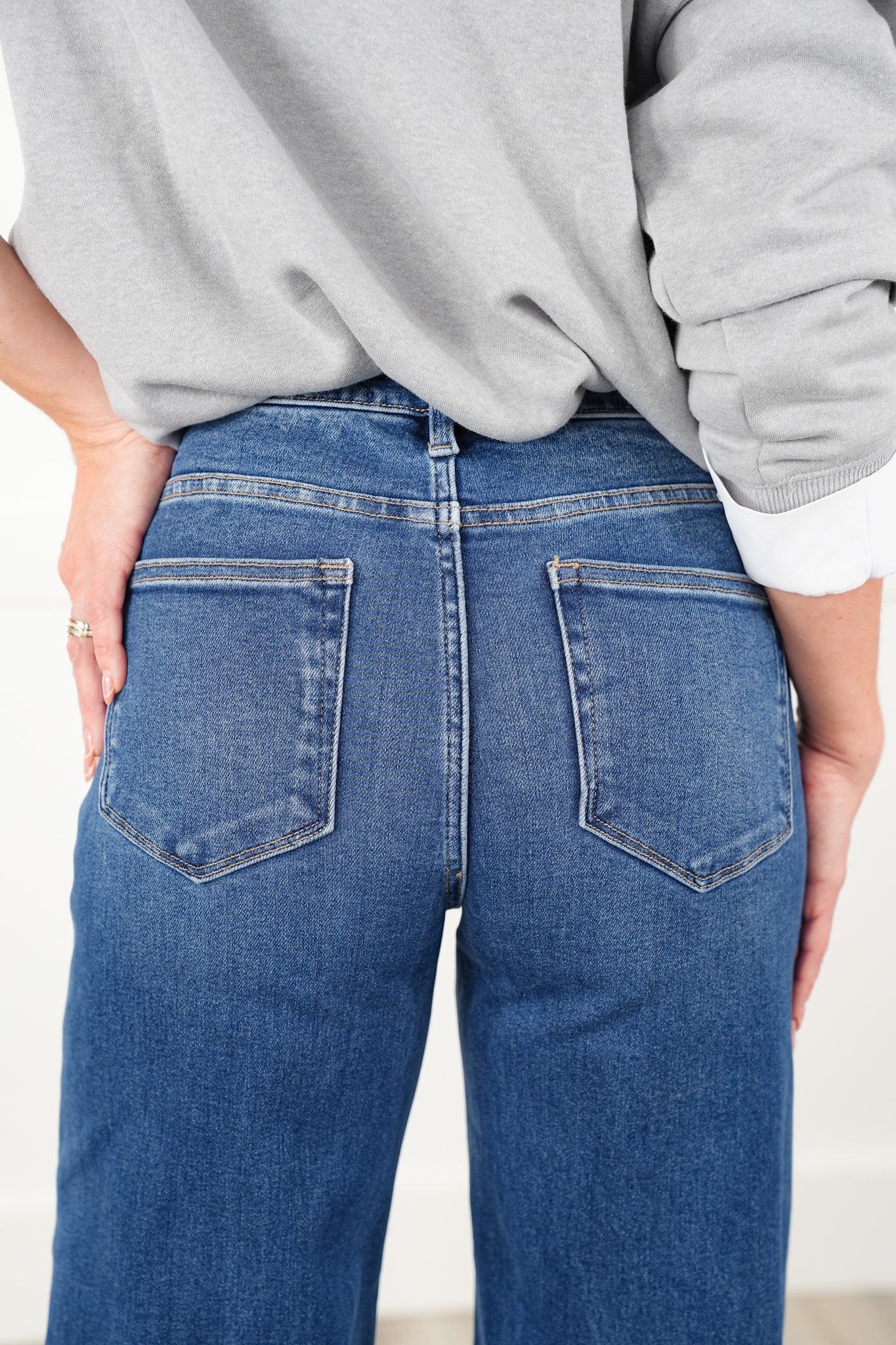 Risen High Rise Dark Wash Tummy Control Wide Leg Long Inseam Cuffed Jeans