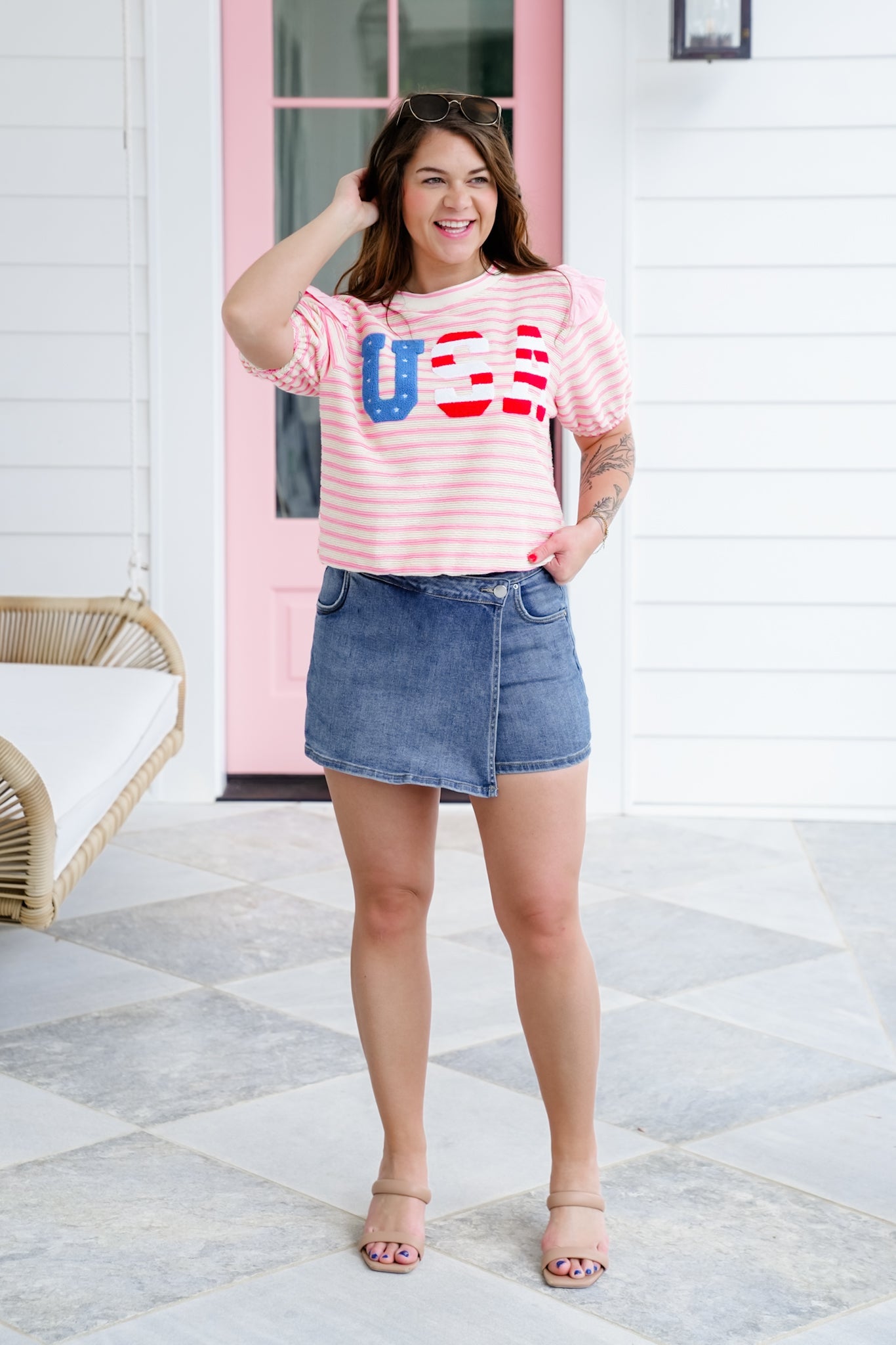 Stripe Short Sleeve "USA" Patchwork Top with Ruffle Detail