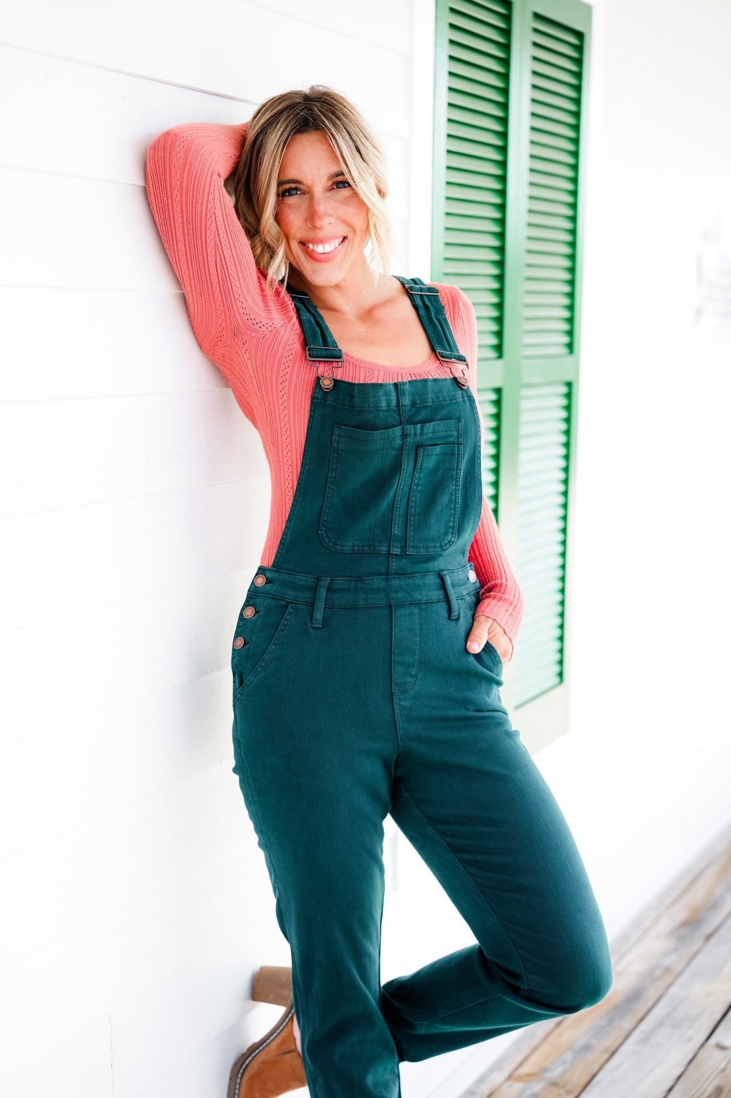 Judy Blue High Rise Teal Double Cuffed Boyfriend Overalls