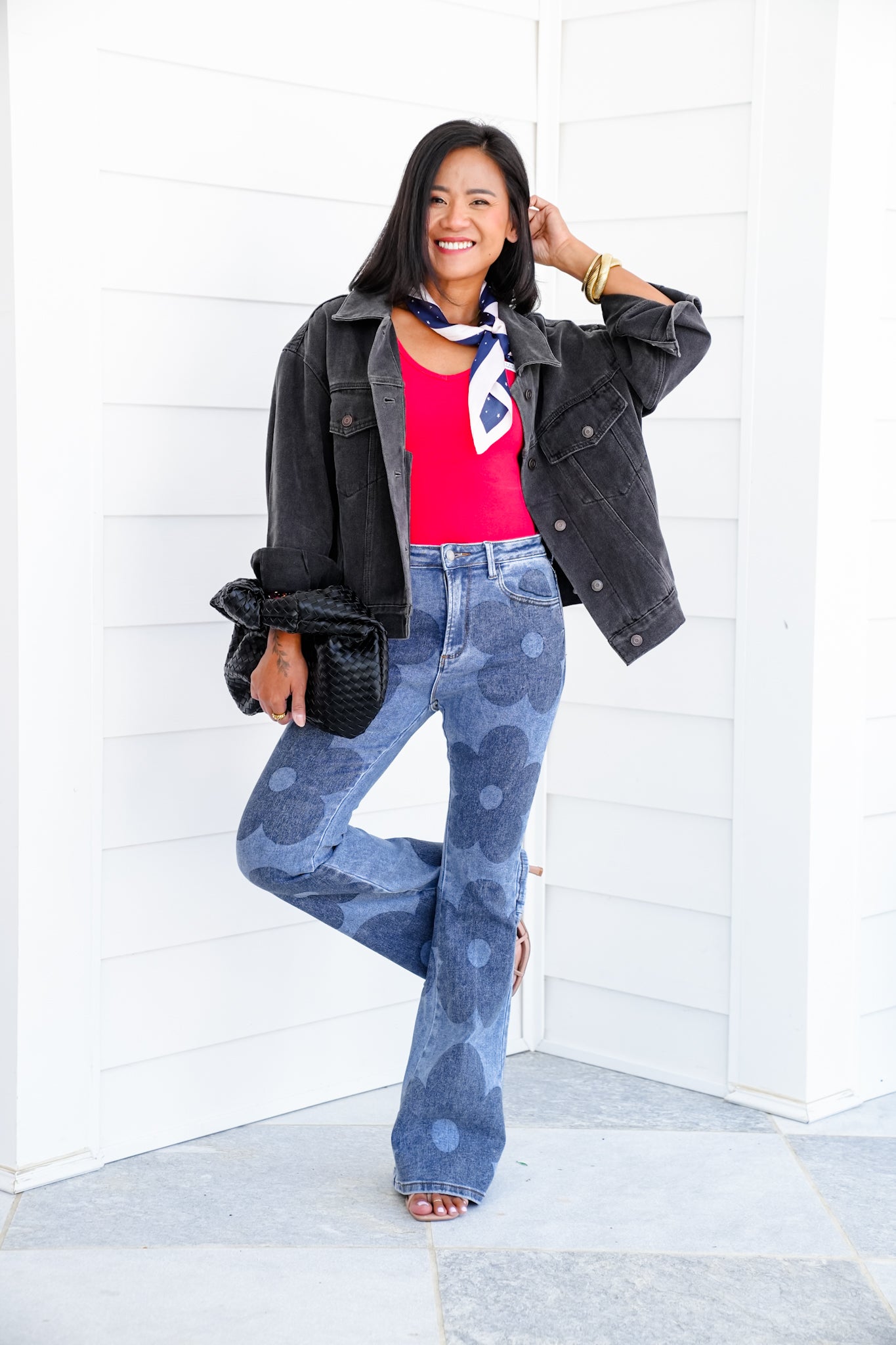 Medium Wash Retro Flower Print Boot Cut Jeans
