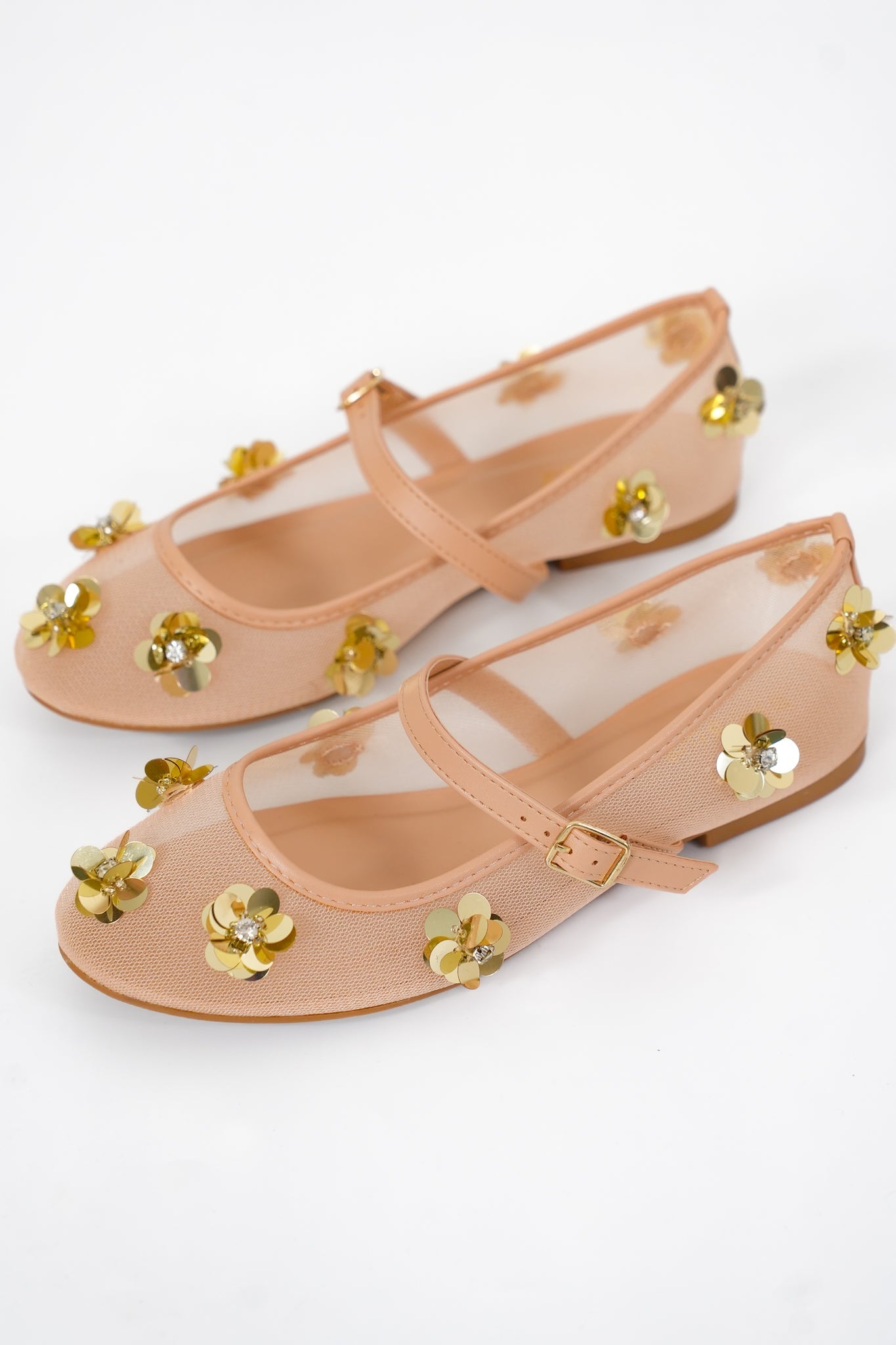 Elegant Mesh Mary Jane Flats with Gold Floral Embellishments