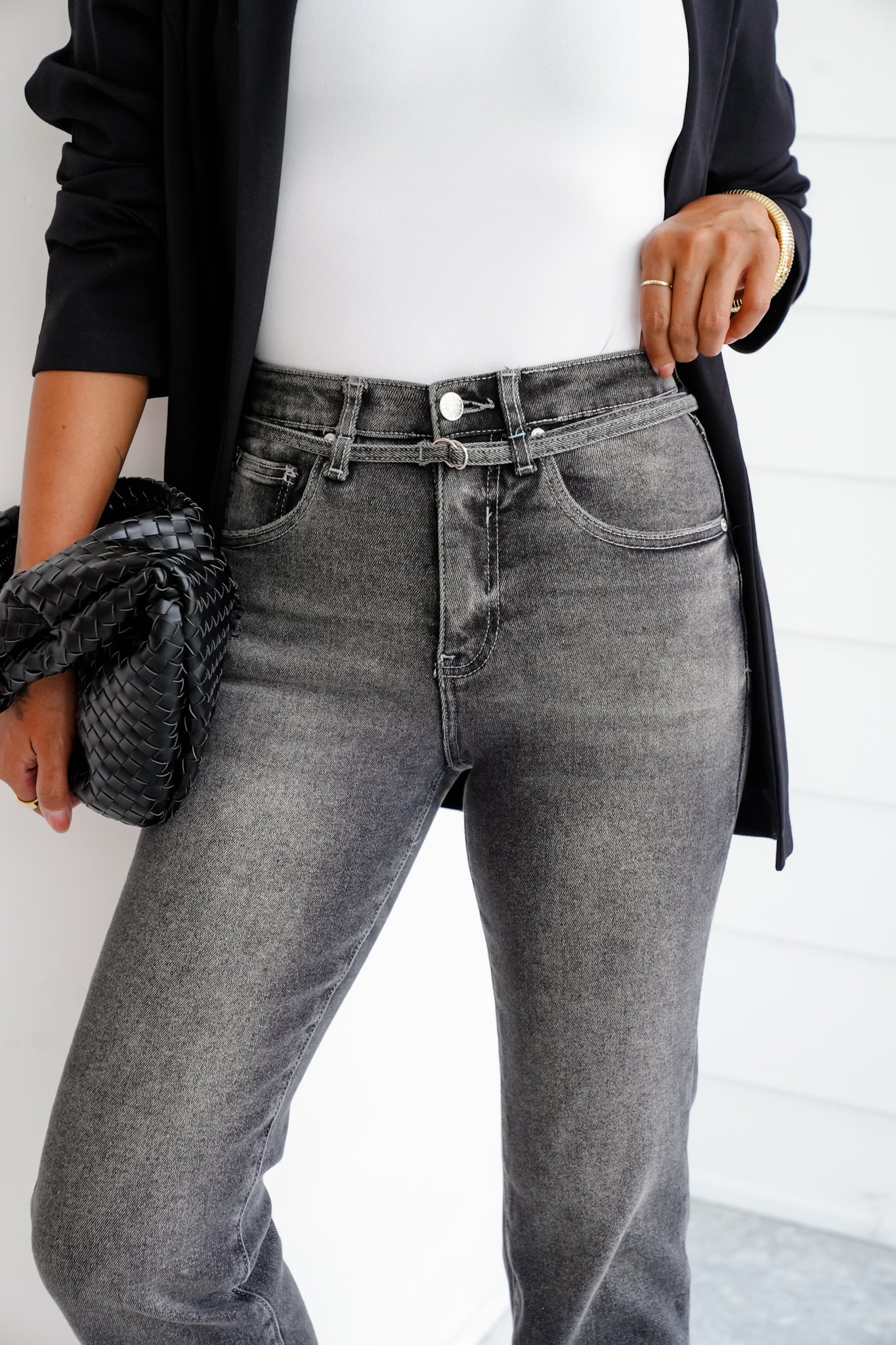 Saige High Rise Gray Tummy Control Relaxed Straight Leg Jeans with Belt