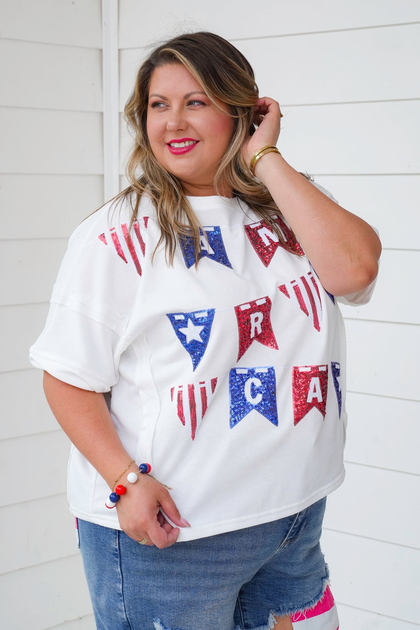 Short Sleeve Top With Sequin "America" Flags Detail
