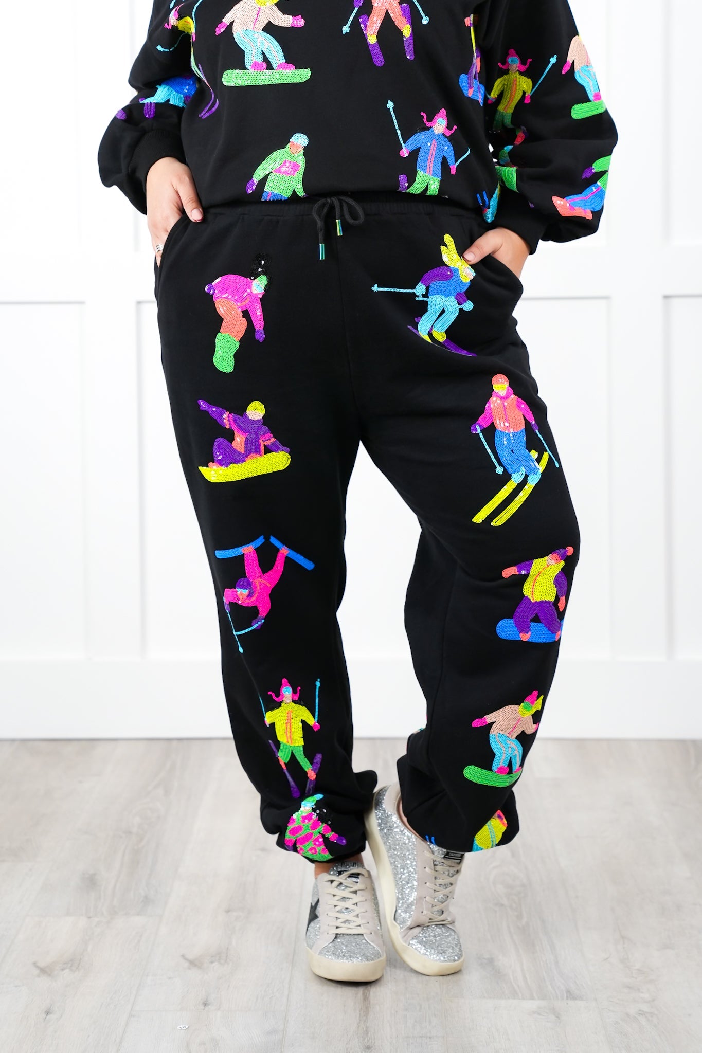 Plus/Reg Queen Of Sparkles All Over Neon Sequin Skiers Elastic Waist Joggers