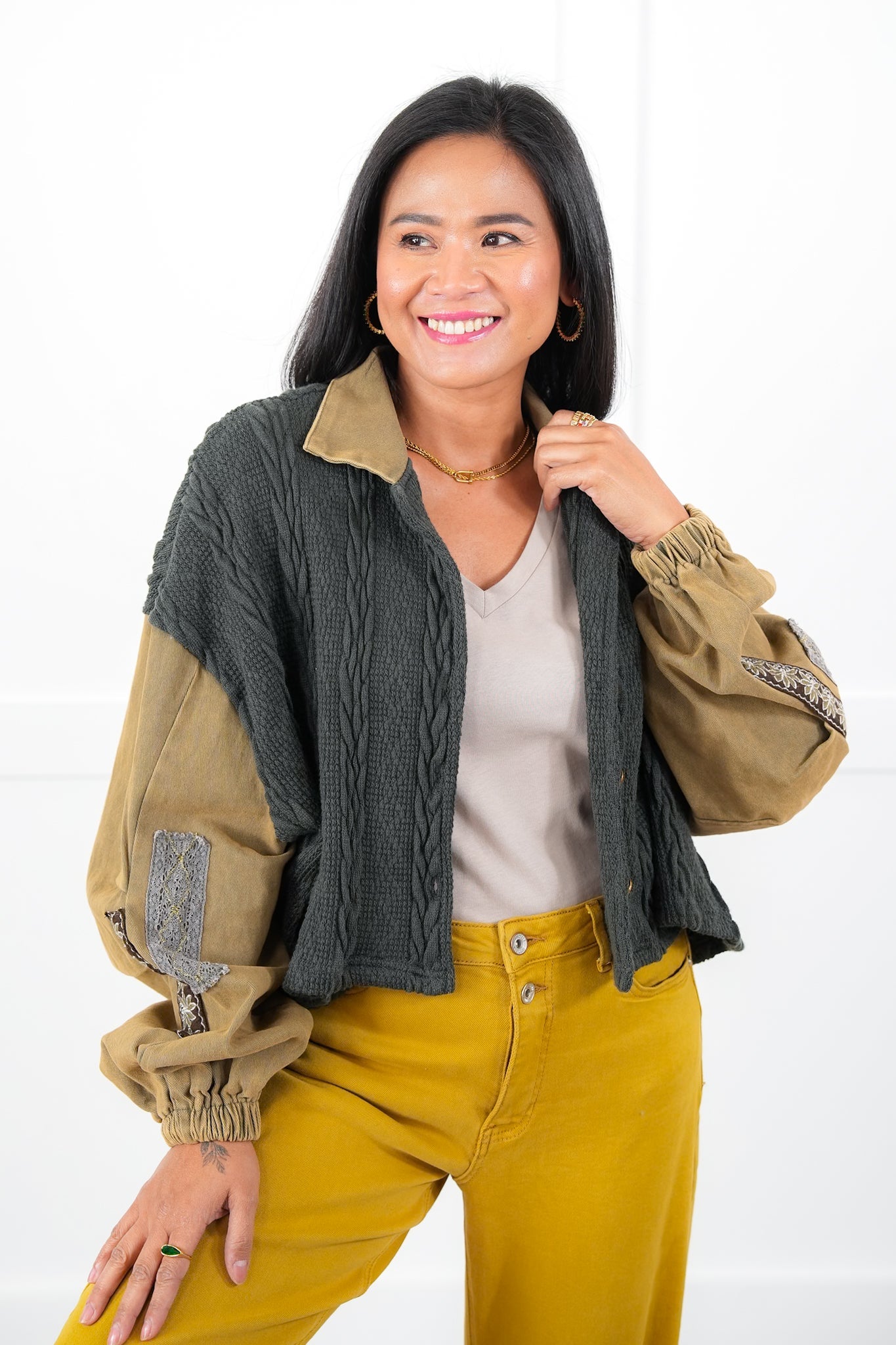 POL Color Block Long Sleeve Button Down Cropped Shacket