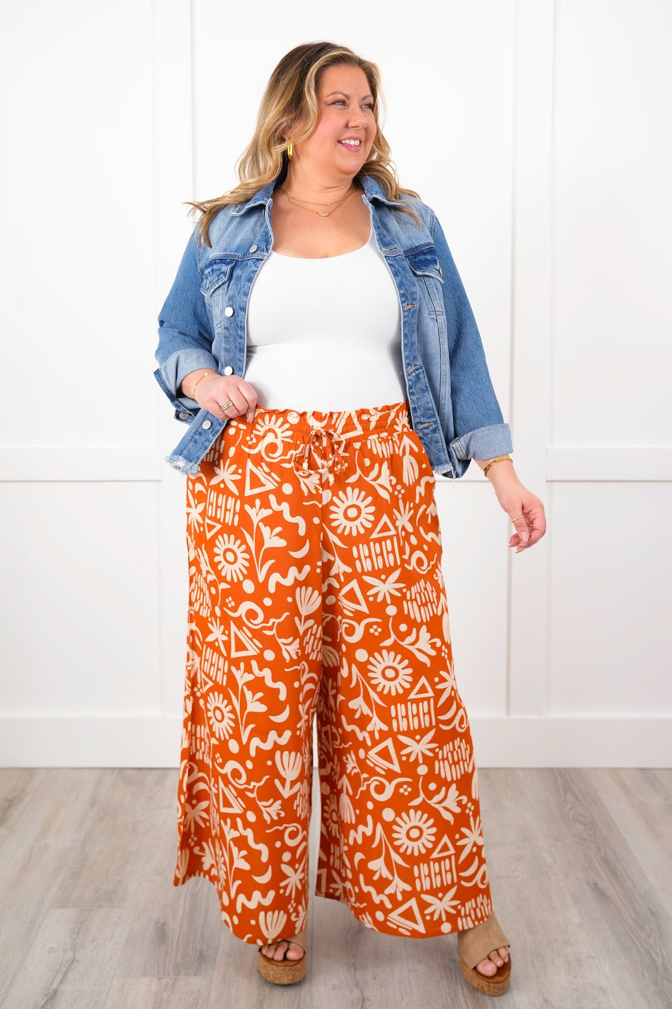 Plus/Reg Tropical Print Elastic Waist Wide Leg Pants