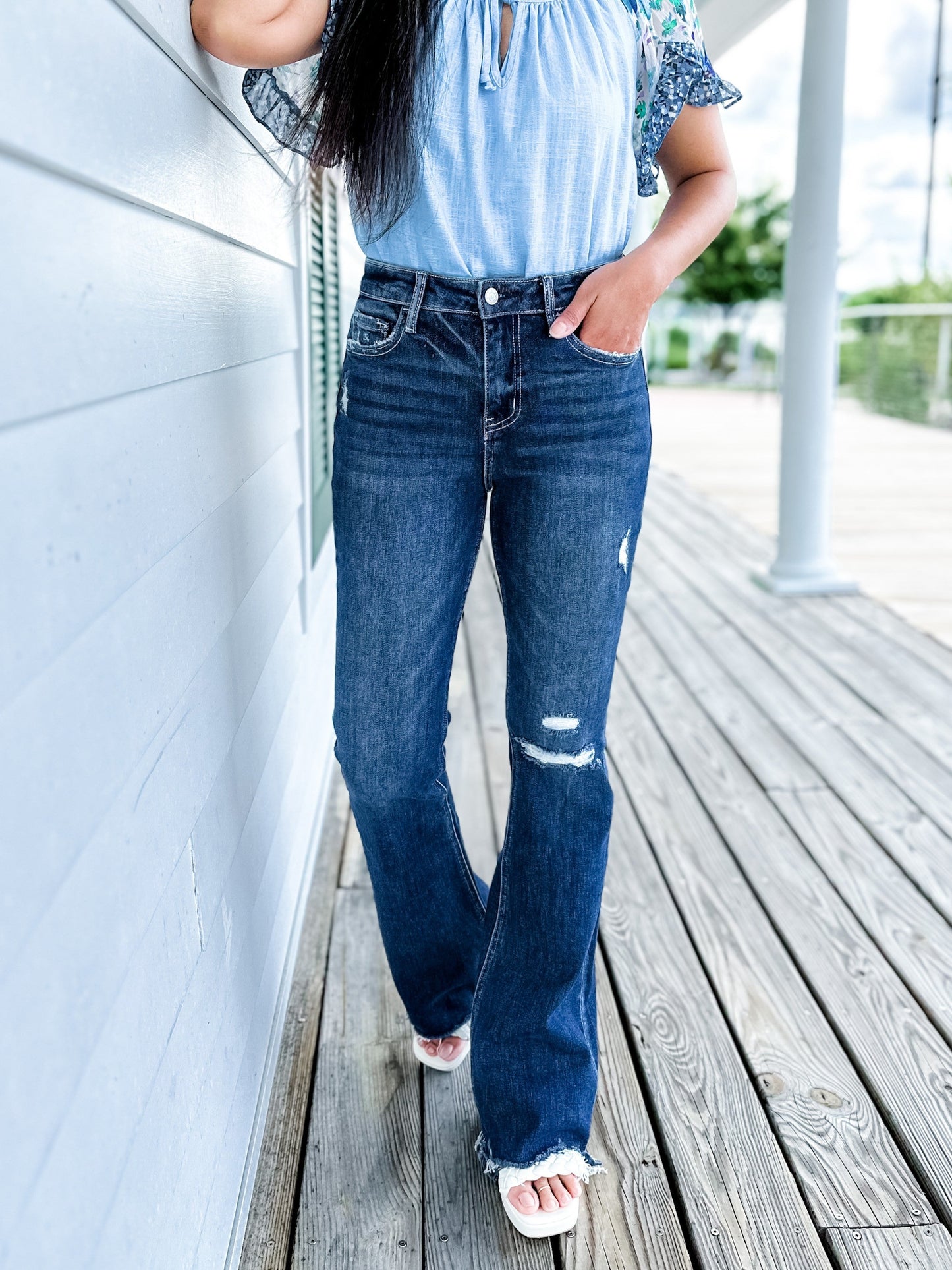 Plus/Reg Vervet High Rise Distressed Flare Jeans With Raw Hem