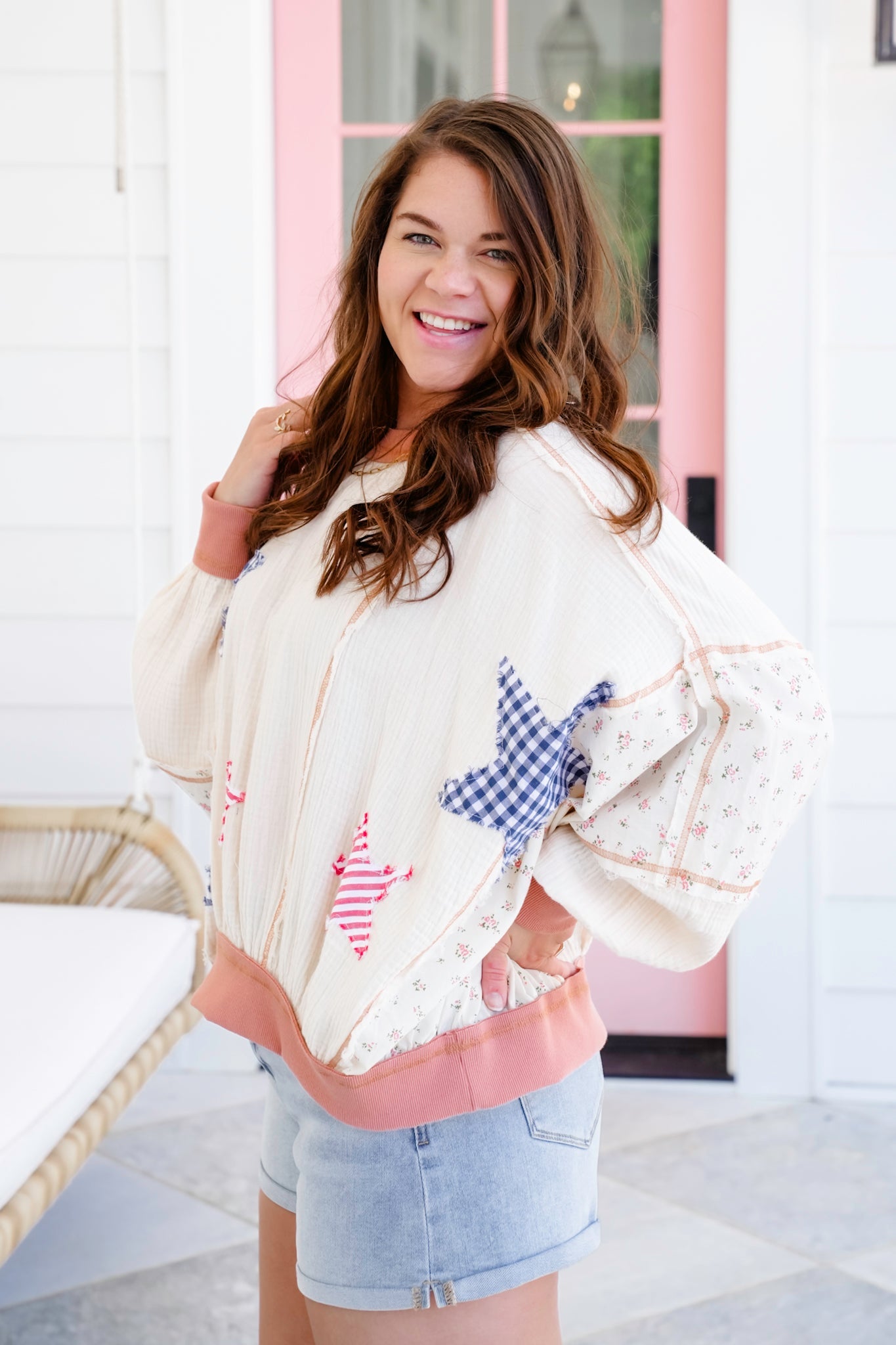 Long Dolman Sleeve Gauze Top with Star Patch Details