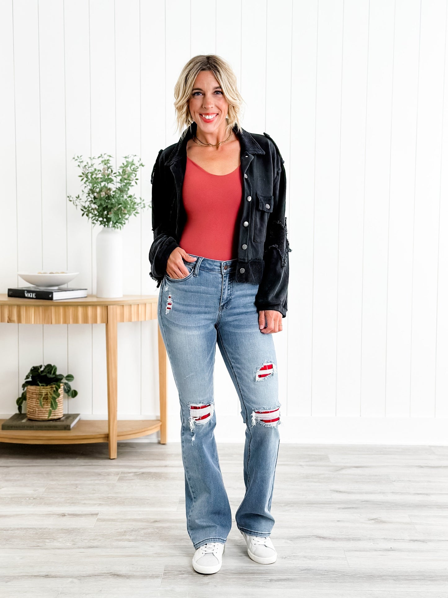 Judy Blue Plaid for You Mid Rise Medium Wash Bootcut Jeans With Patch Detail