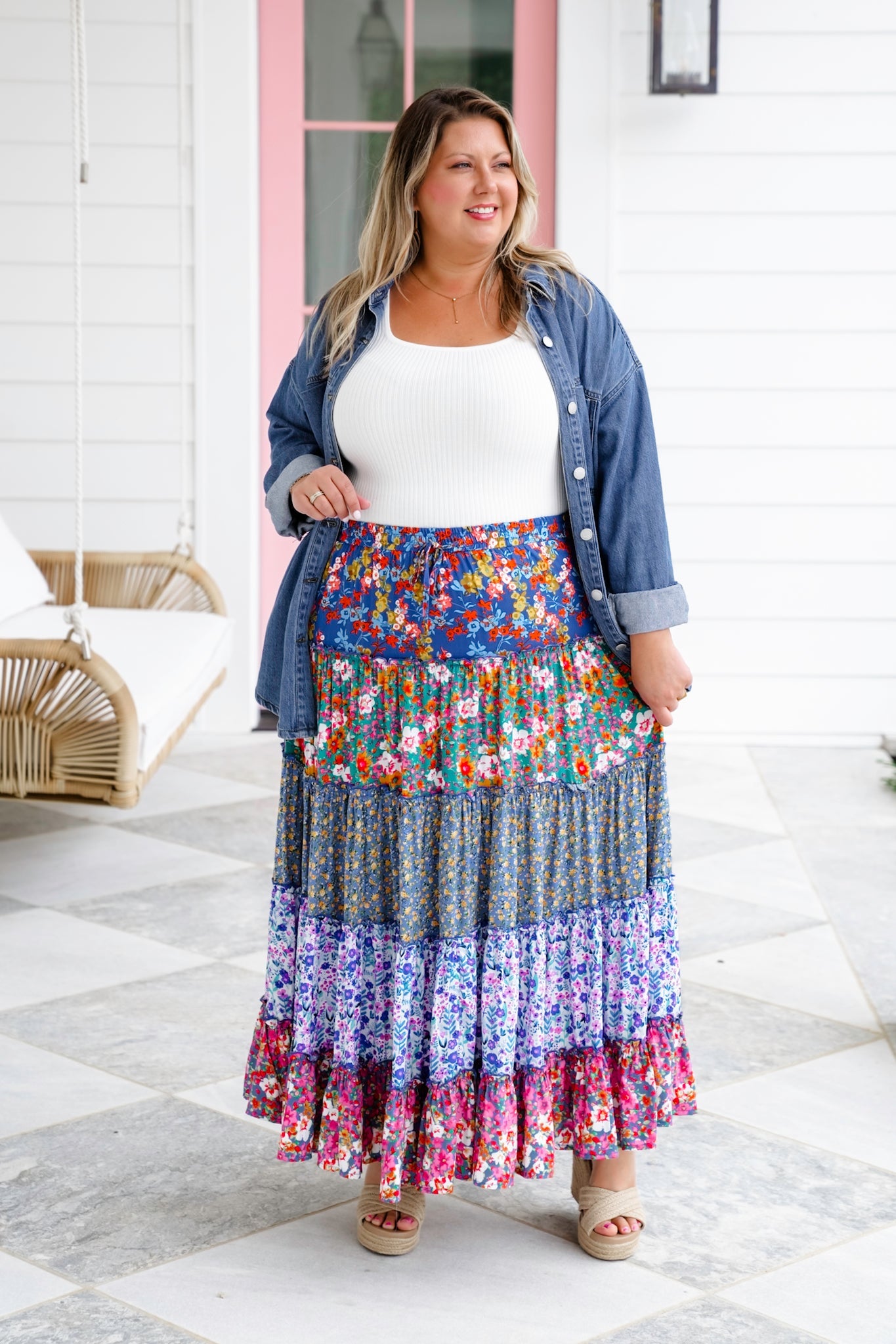 Plus/Reg Mixed Floral Print Elastic Waist Tiered Skirt