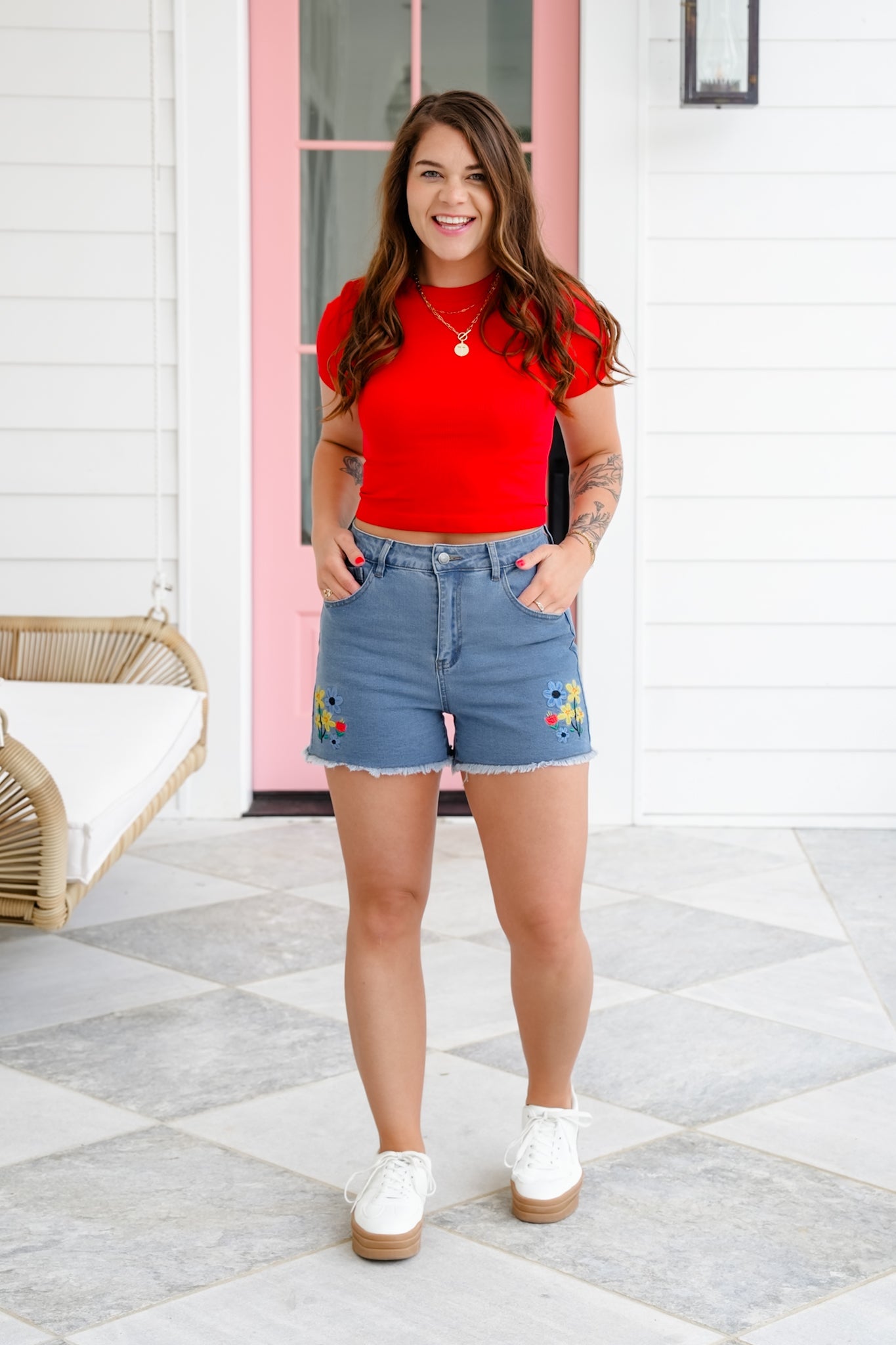 Stretch Denim Shorts with Floral Embroidery Detail