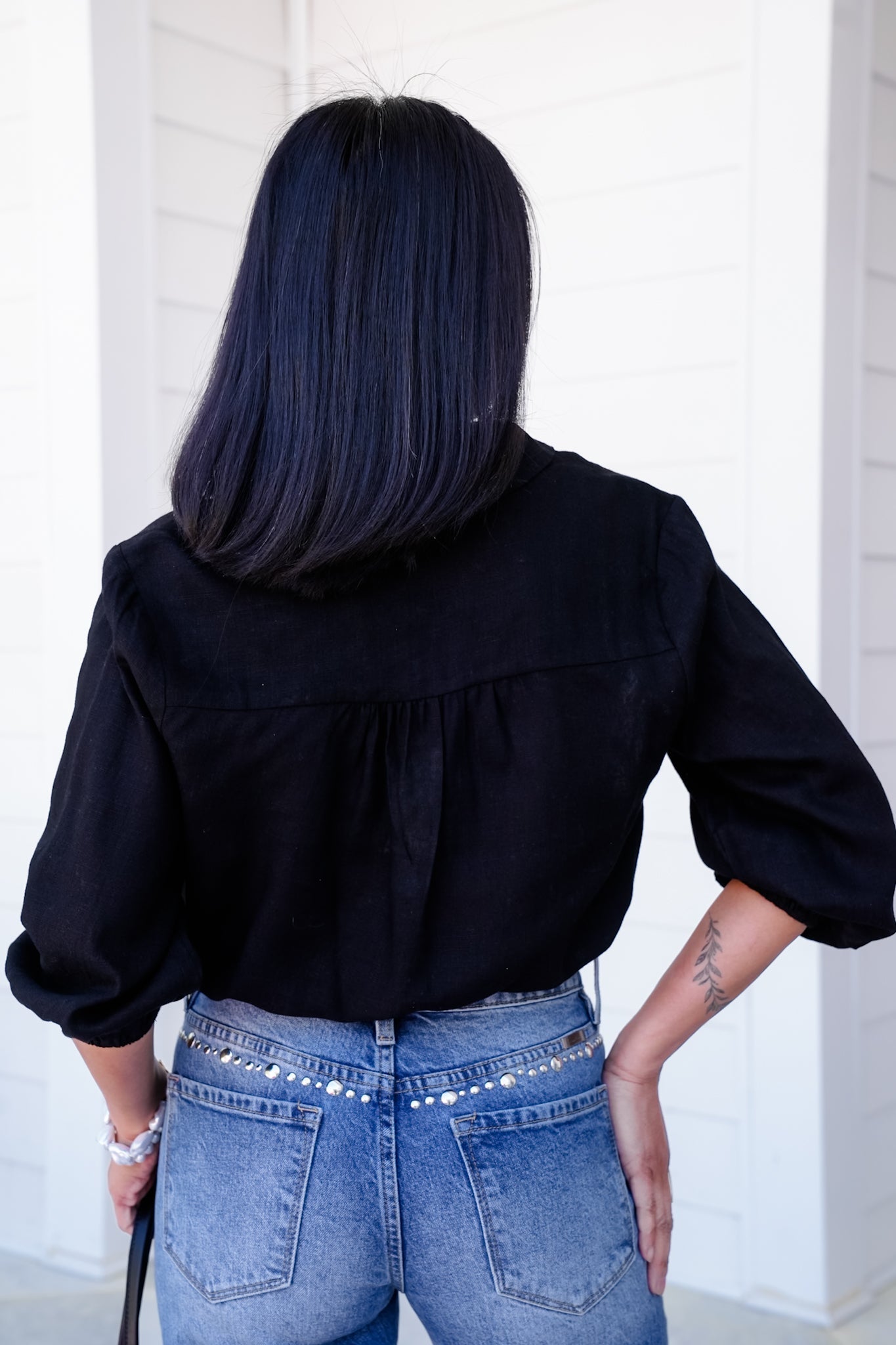Black Linen Blend 3/4 Sleeve Button Down Crop Top with Drawstring Detail