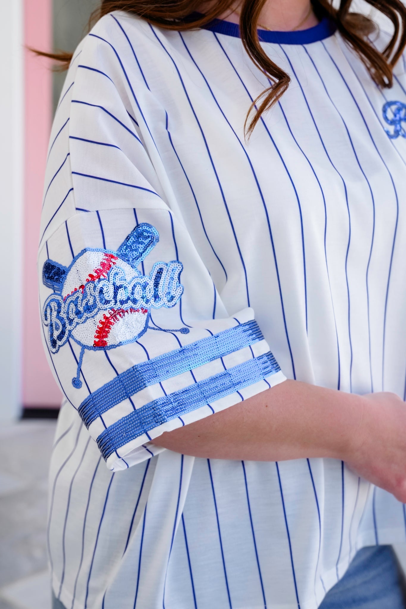 Stripe Short Sleeve Baseball Top with Sequin Detail